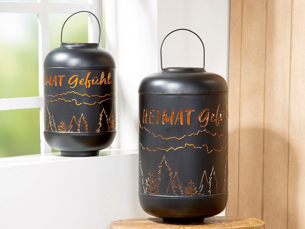 GILDE Kerzenlaterne Heimat Gefühl, mit ausgestanztem Motiv (1 St), Kerzenhalter aus Metall, Laterne, Weihnachtsdeko