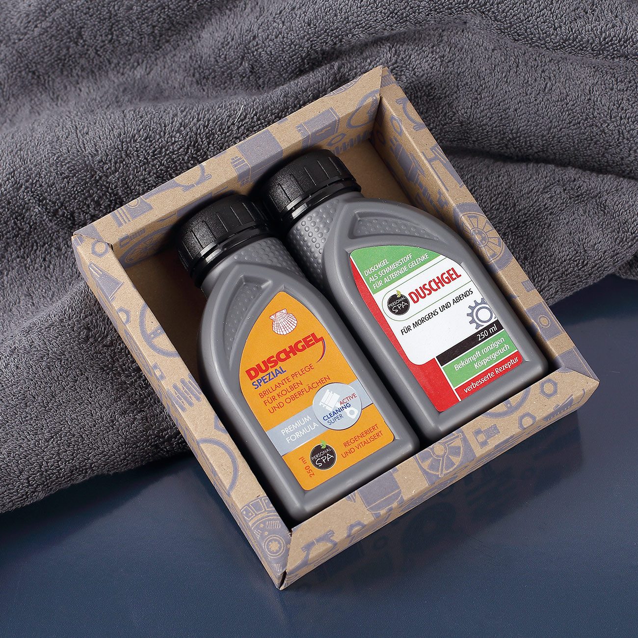 Herz & Heim Duschgel Motoröl als lustiges Geschenk Set für Männer & Schrauber, mit Geschenkverpackung