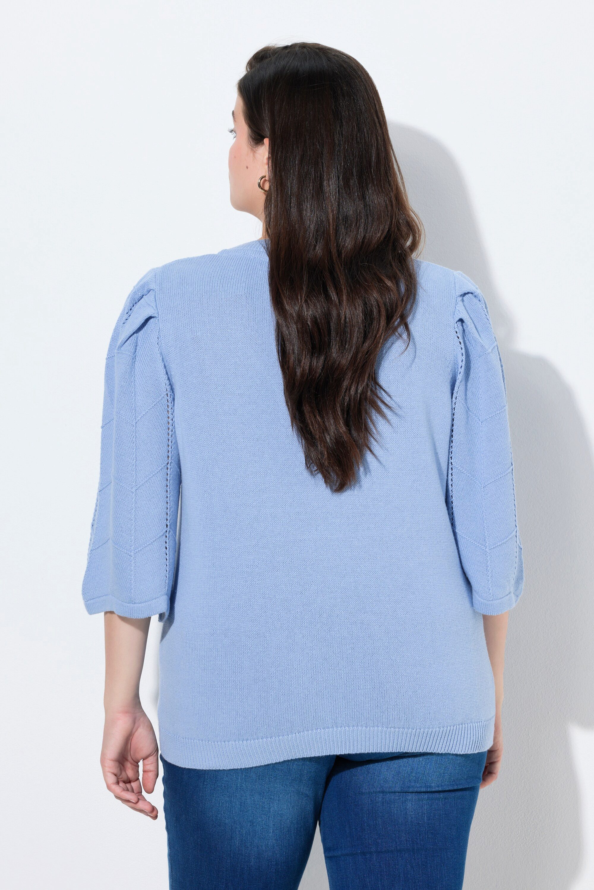 Ulla Popken Fleecepullover Pullover Ajourstrick V-Ausschnitt 3/4-Arm