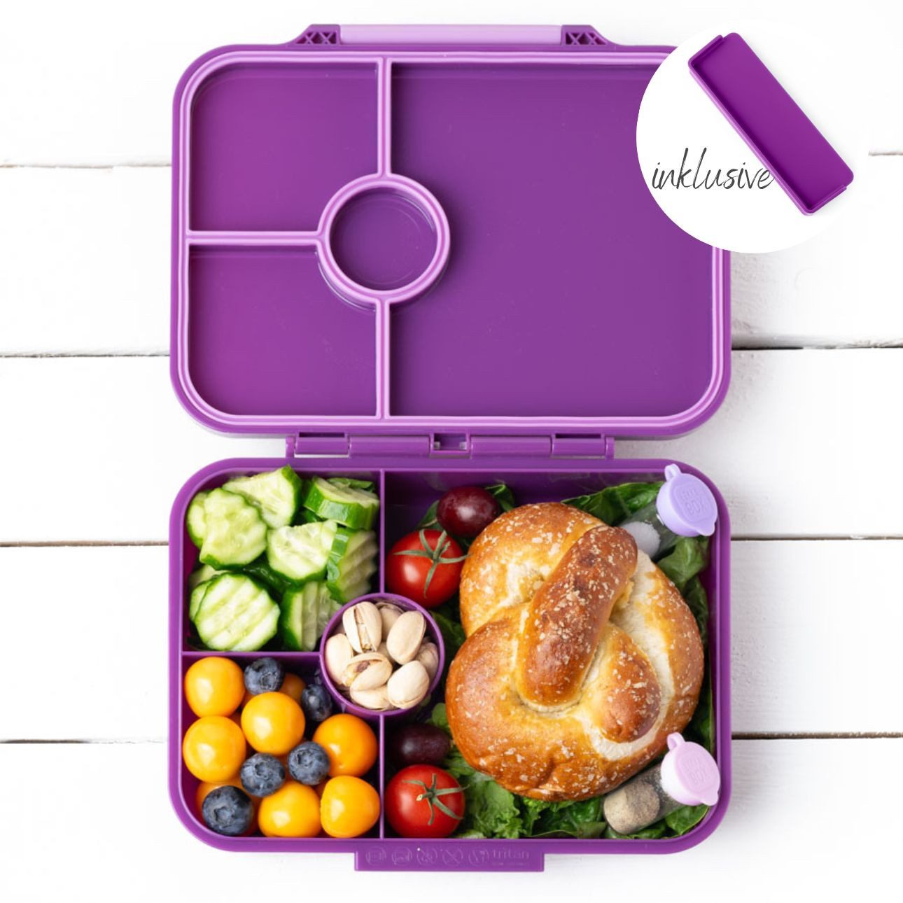 LEKKABOX Lunchbox Bentobox Brotdose, 4 Fächer - Kinder Vesperdose Brotbüchse Brotbox, Für feuchte Lebensmittel auslaufsicher, inkl. extra Trenner