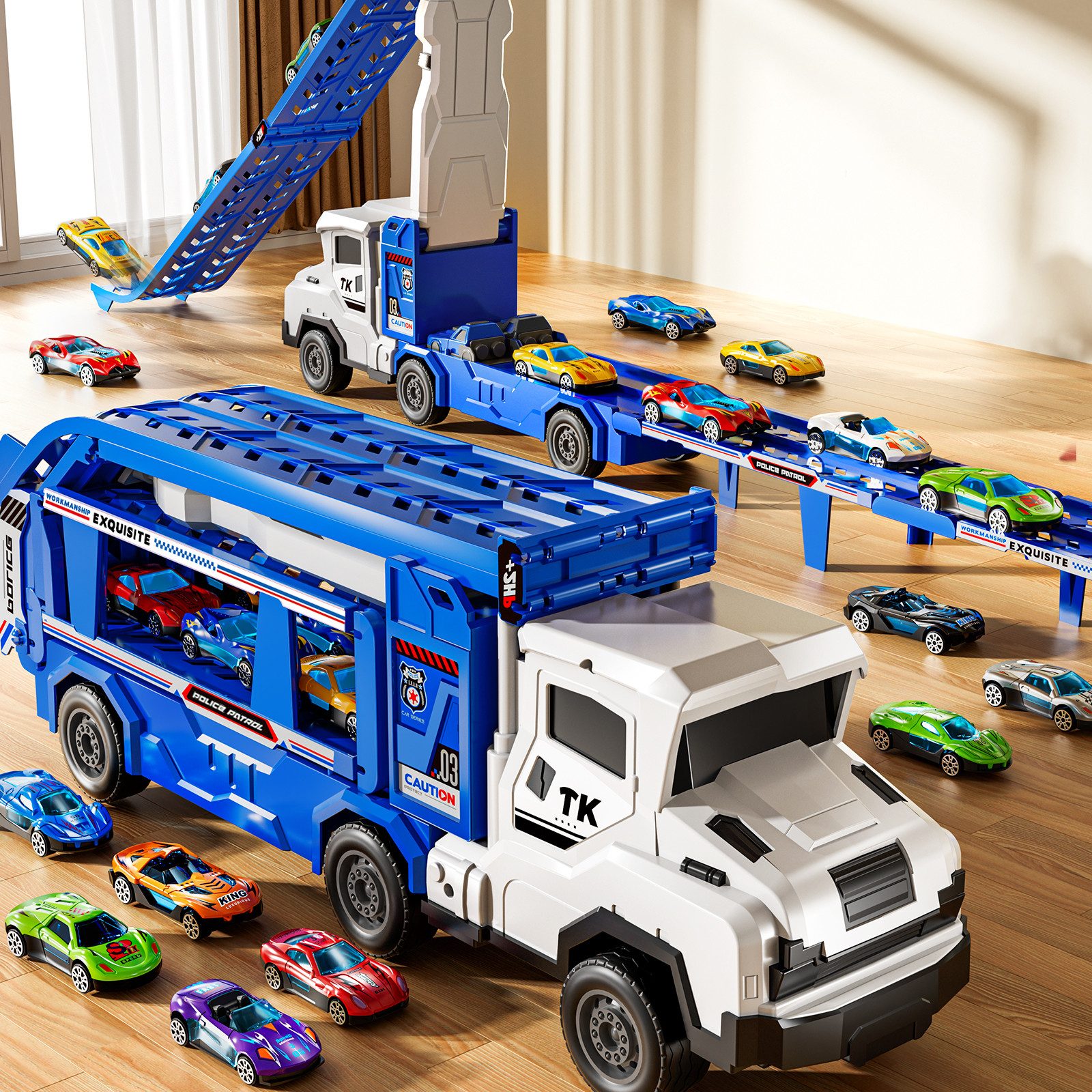 TEMI Spielzeug-Auto Transform Rennbahn LKW Spielzeug Set mit 12 Druckguss Autos – Bild 4 von 5