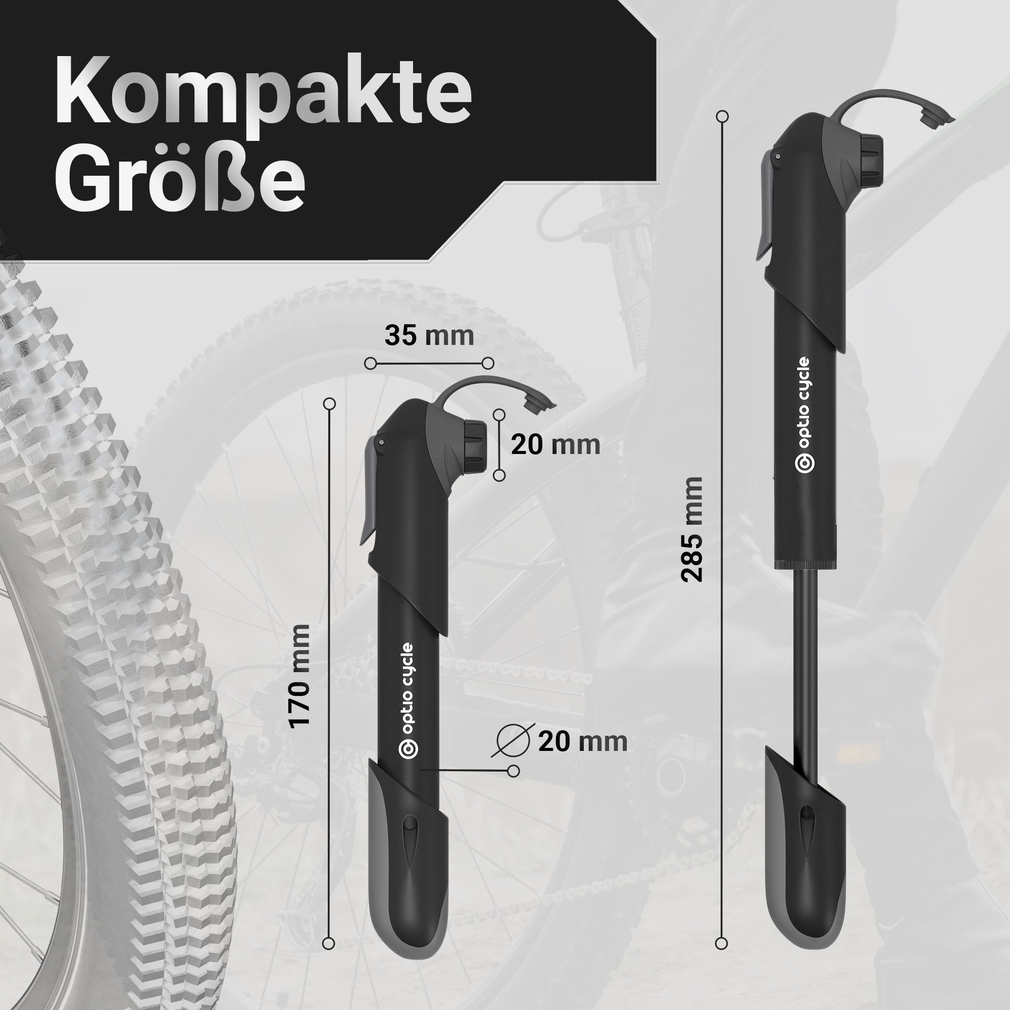Optio Cylce Fahrradpumpe Mini Fahrradpumpe mit Halterung 120 PSI (8,3 Bar) für alle Ventile