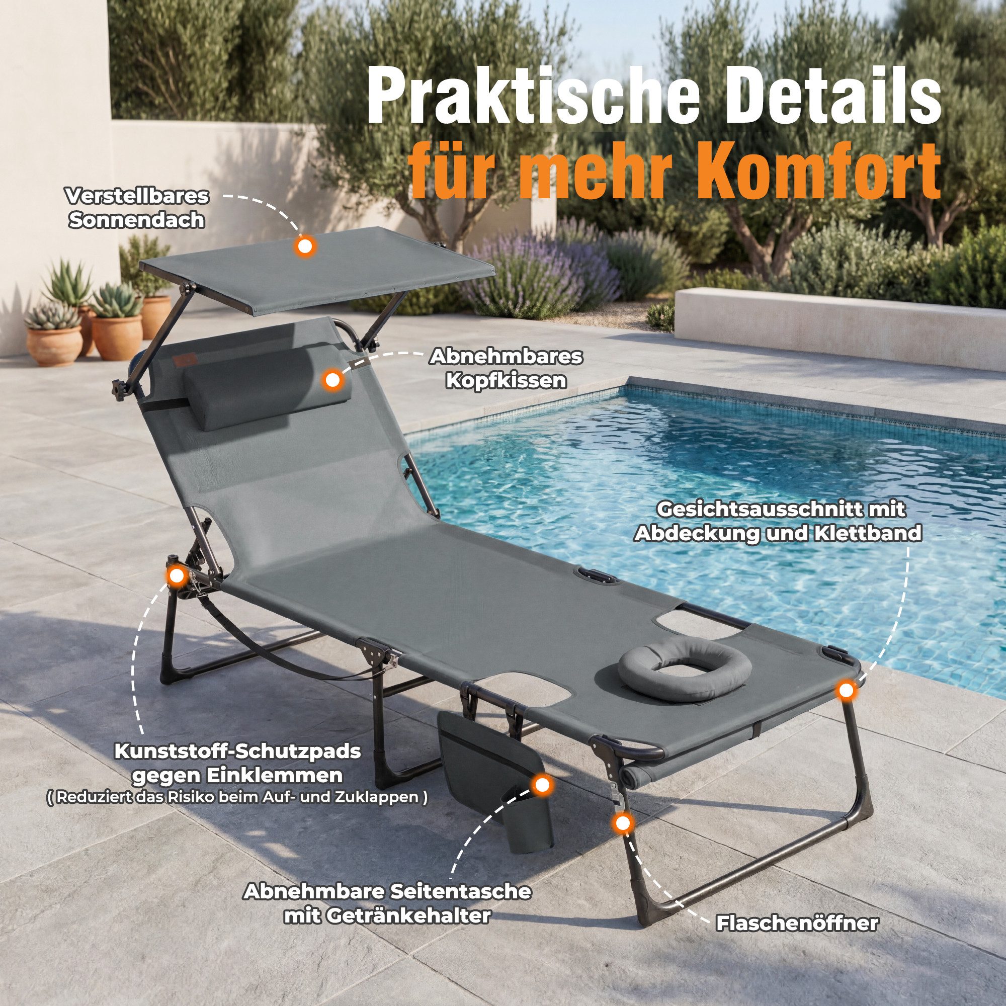 HOMECALL Gartenliege Sonnenliege mit Gesichtsöffnung und Sonnendach, klappbarer Liegestuhl, bis180 kg 200x70cm 4-Fach verstellbare Rückenlehne, 1 St., für Garten, Strand und Camping