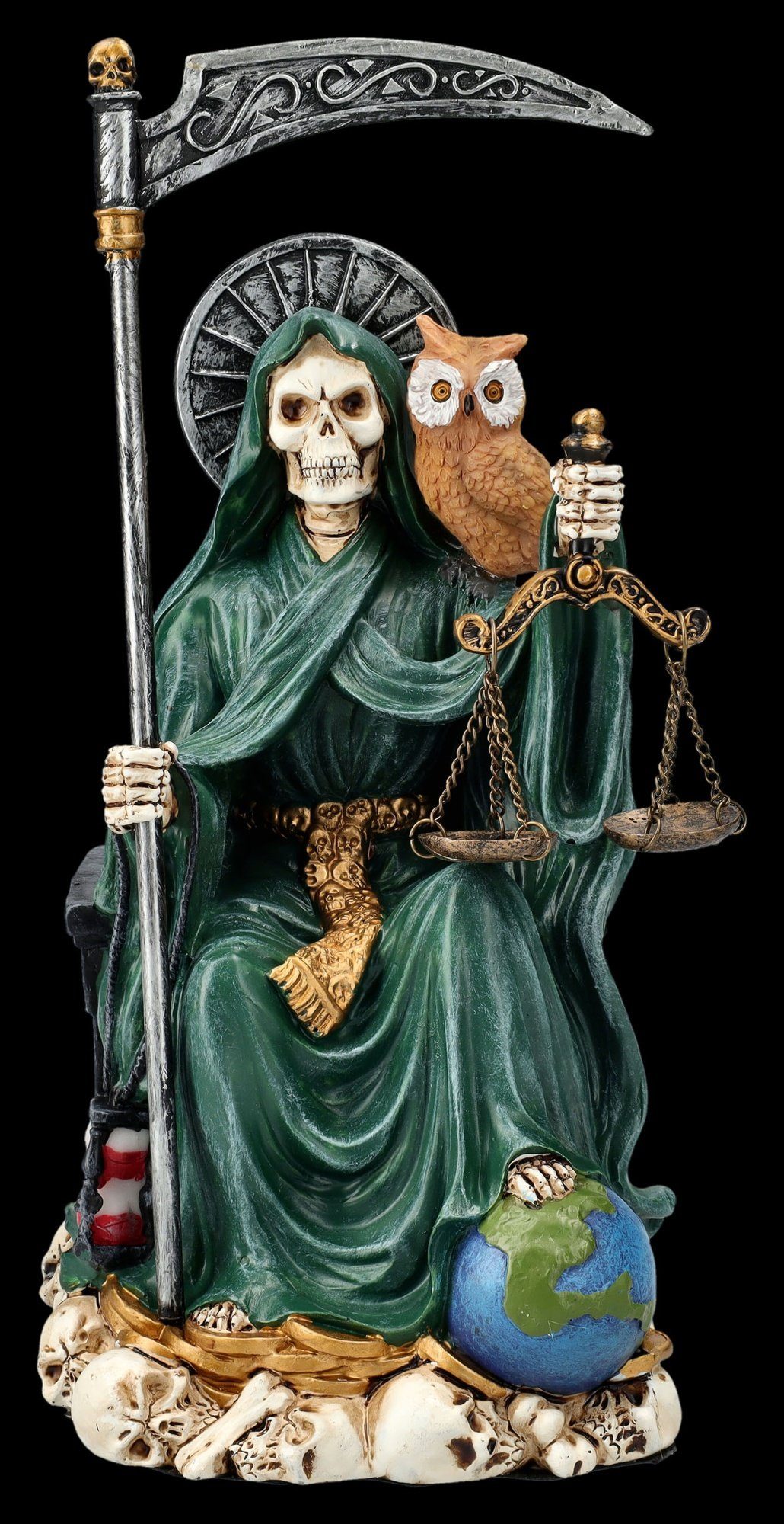 Figuren Shop GmbH Dekofigur Sitzende Santa Muerte Figur grün - Gothic Dekofigur mystische Figur