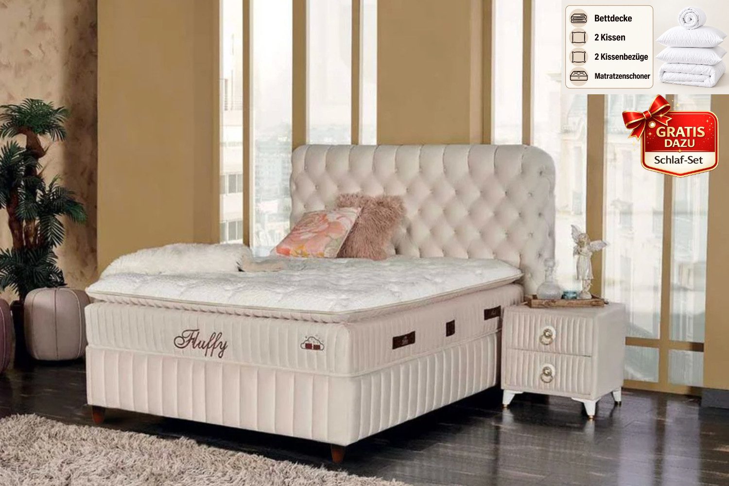 Pointhome Boxspringbett Set, Bss Bedding, Fluffy, Bett-Set ohne oder mit Nachttischen (1x H3 Matratze, 2x Bettkasten, 1x Bettkopfteil, 2 optionale Nachttisch), 7 Zonen Allergenfrei & Atmungsaktiv, Orthopädische Matratze mit Topper