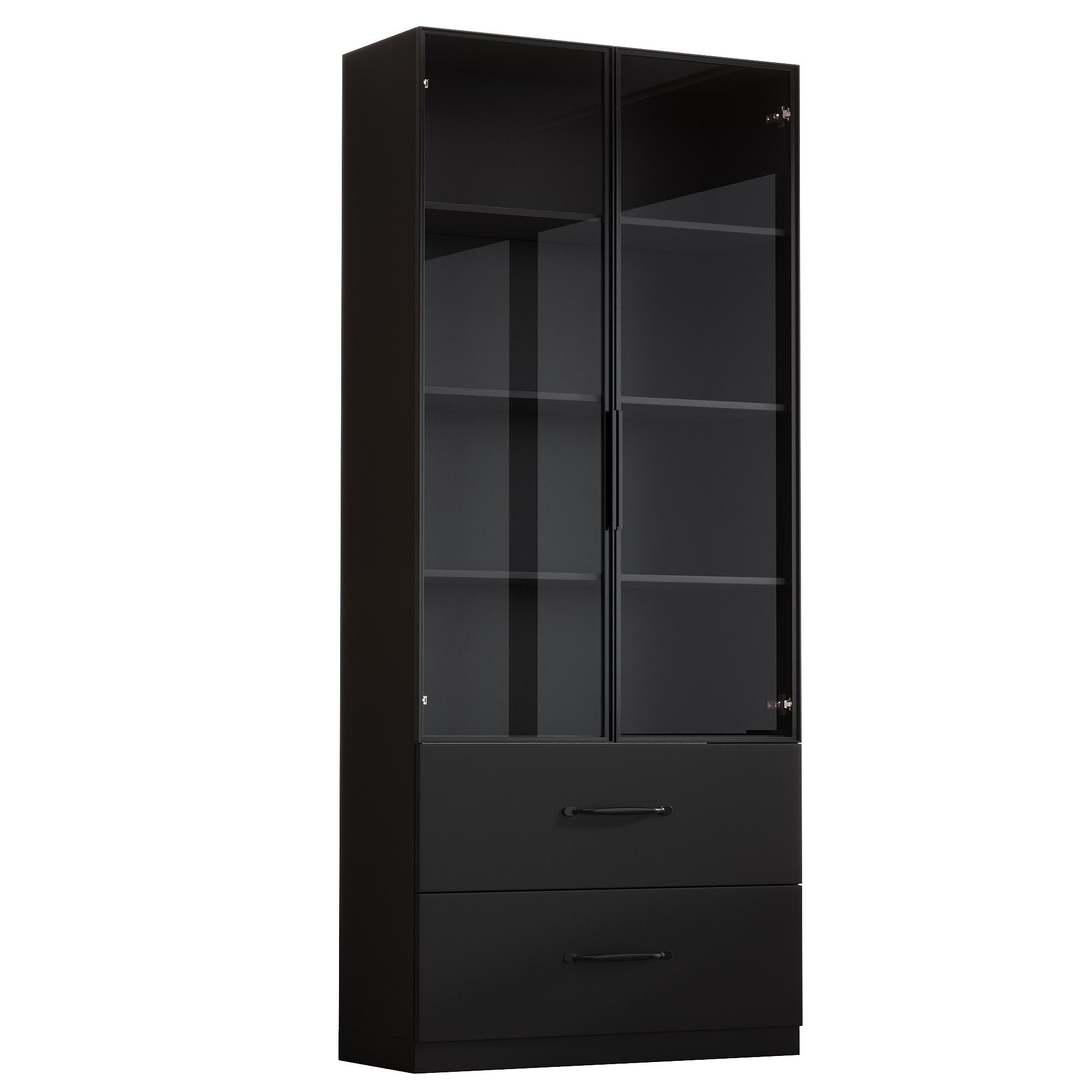 Flieks Vitrine Glasvitrine mit LED-Beleuchtung, glastüren und Schubladen (Maße: B60/T40/H160 cm, 1-St., Schrank für Wohnzimmer, Schlafzimmer, Arbeitszimmer und Büro) Hochschrank Bücherregal Standvitrine Mehrzweckschrank Schwarz
