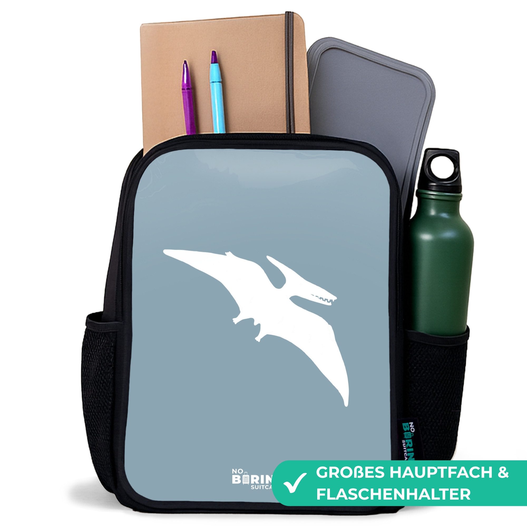 NoBoringSuitcases.com© Rucksack Blau mit Pteranodon-Dino, Kinderrucksack Schwarz, Schulrucksack, Freizeitrucksack Jungen Mädchen