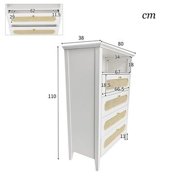 HAUSS SPLOE Highboard Kommode mit Rattan, Beine aus Massivholz, lackierte Oberfläche Weiß (mit 4 Schubladen), lackierte Oberfläche, 110*38*80cm