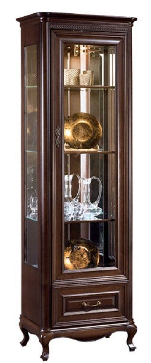 Casa Padrino Vitrine Luxus Jugendstil Vitrinenschrank Dunkelbraun 66,2 x 46,1 x H. 206,6 cm - Beleuchteter Wohnzimmerschrank mit Glastür und Schublade - Wohnzimmermöbel