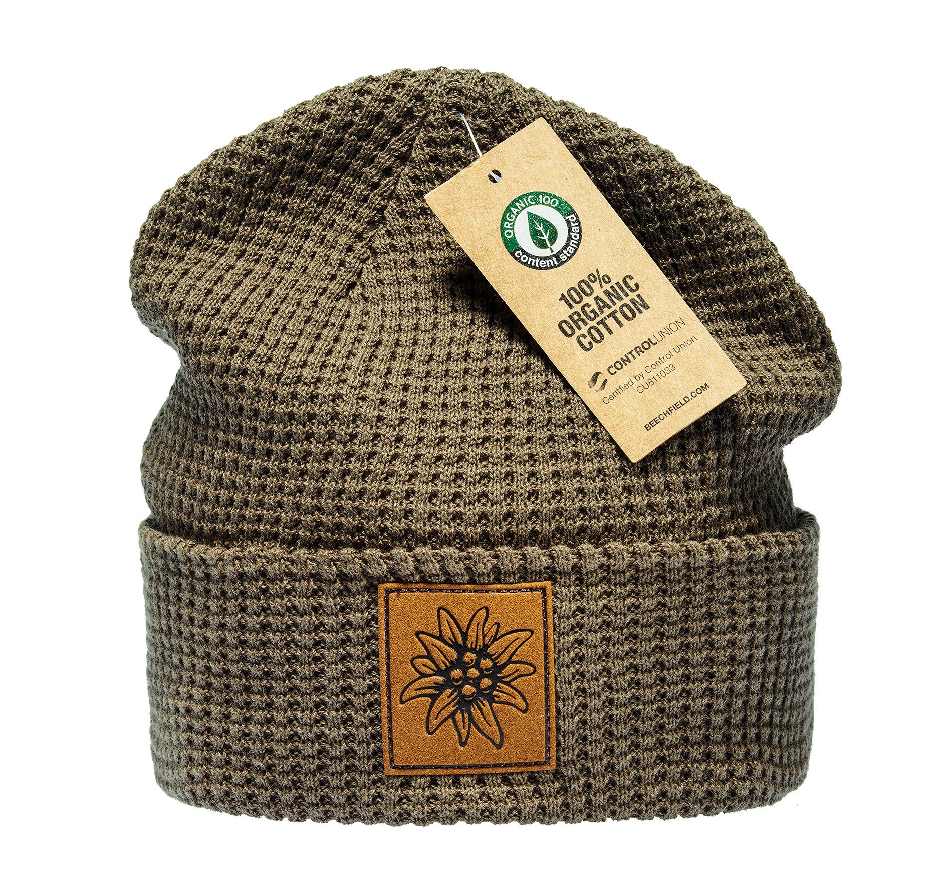 Baddery Beanie Organic Cotton Strickmütze: "Edelweiß" mit Leder-Patch - Bio Baumwolle, hochwertiger Strick, 100% Bio-Baumwolle, Kunstleder-Patch, One Size