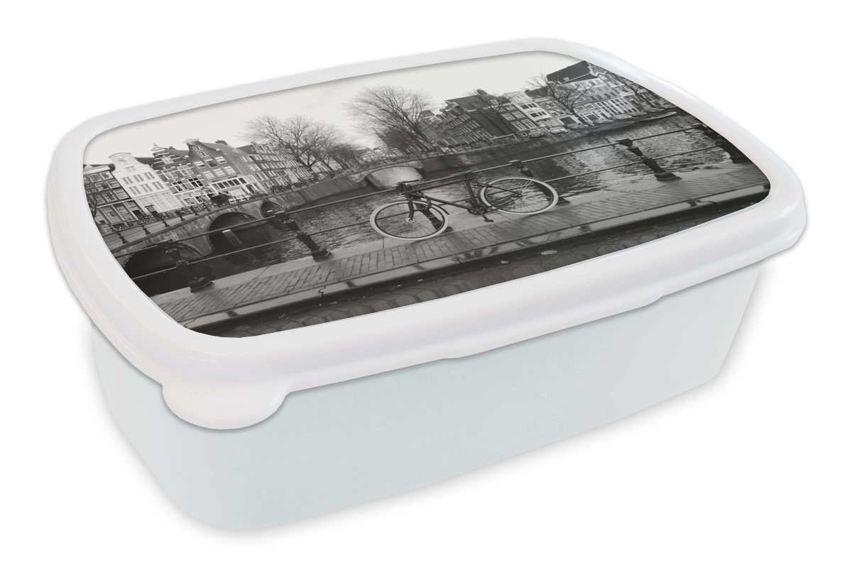 MuchoWow Lunchbox Amsterdamer Grachten - Schwarz und weiß, Kunststoff, (2-tlg), Brotbox für Kinder und Erwachsene, Brotdose, für Jungs und Mädchen | Lunchboxen