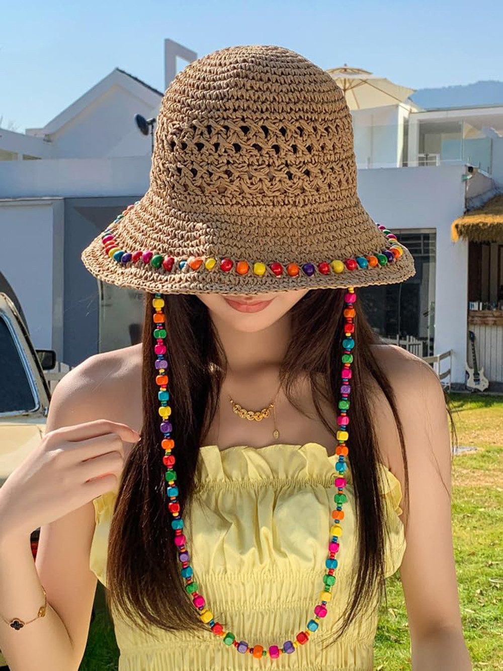 Zaewry Strohhut Sonnenhut Sommerhut Strandhut Straw hat, Damen faltbar, Einheitgröße Verziert mit bunten Holzperlen – Bohemian-Stil, UV-Schutz