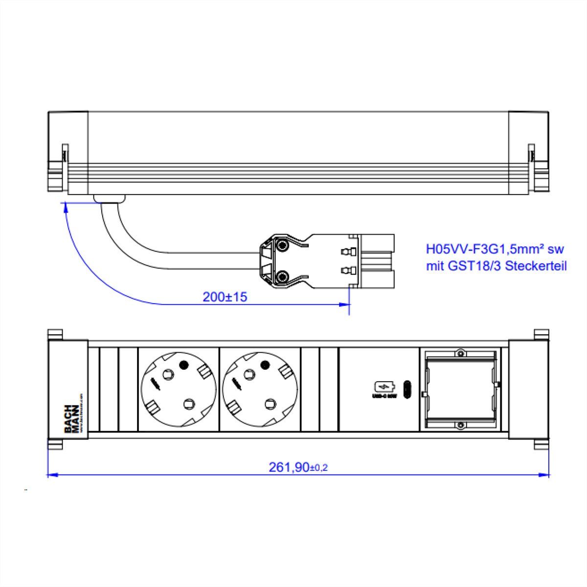 Bachmann POWER FRAME M 2xCEE7/3 Einbau-Tischsteckdosenleiste (Kabellänge 0.2 m), 1xUSB C 30W 1xCM 0,2m GST18, 916.507