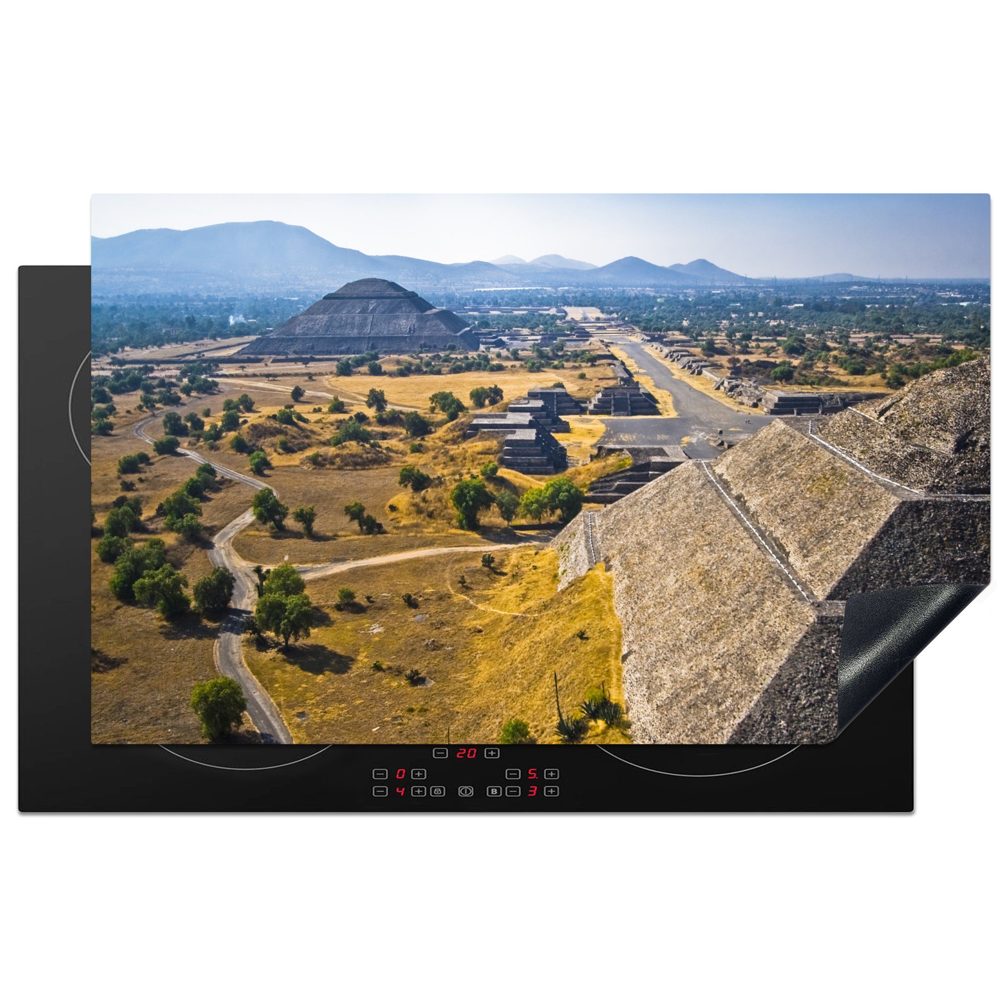 MuchoWow Herdblende-/Abdeckplatte Mond- und Sonnenpyramiden in Teotihuacán in Zentralmexiko, Vinyl, (1 tlg), 83x51 cm, Ceranfeldabdeckung, Arbeitsplatte für küche | Herdabdeckplatten