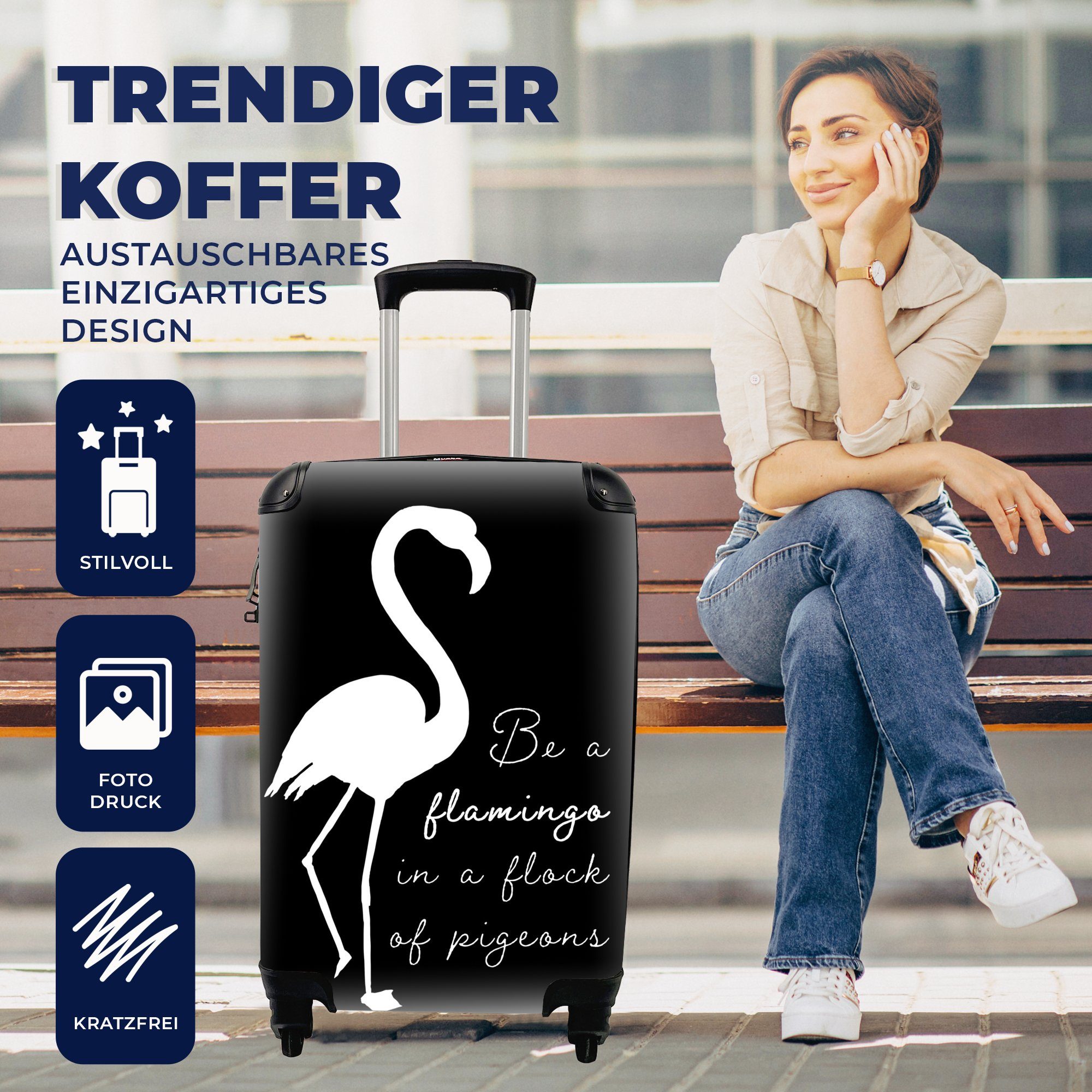 Handgepäckkoffer mit - Rollen, Reisekoffer Schwarz für 4 Handgepäck Trolley, Weiß, Ferien, MuchoWow rollen, - Reisetasche Flamingo