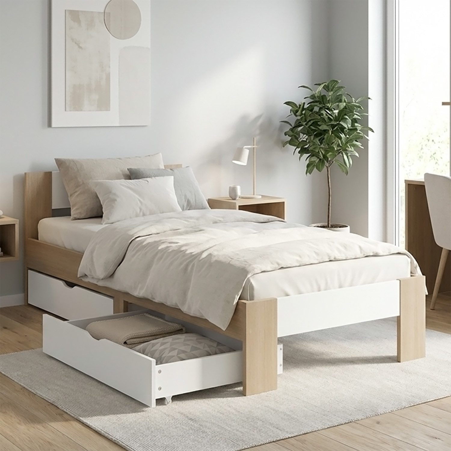 Homestyle4u Massivholzbett 90x200 mit / ohne Matratze Holzbett mit Bettkasten Eiche Weiß (Set, mit Lattenrost, 2 Bettkästen, Stauraumbett), 90x200, mit Stauraum, foliert, schlicht