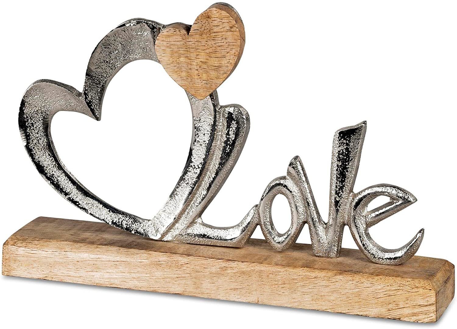 Dekofigur Schriftzug Love mit Herz 16x24cm Mangoholz und Aluminium