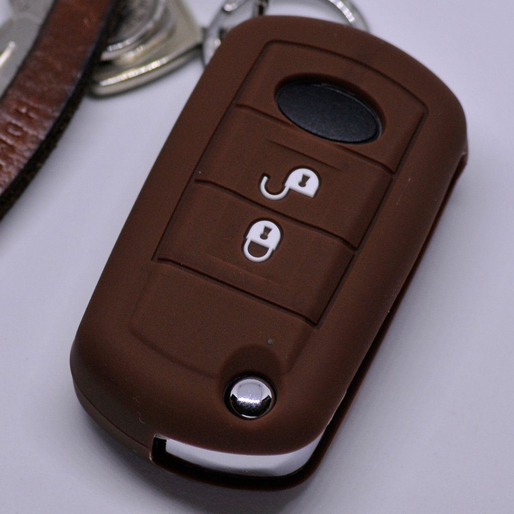 mt-key Schlüsseltasche Autoschlüssel Softcase Silikon Schutzhülle Braun, für Land Rover Discovery 3 Range Rover LR3 2 Tasten Klappschlüssel
