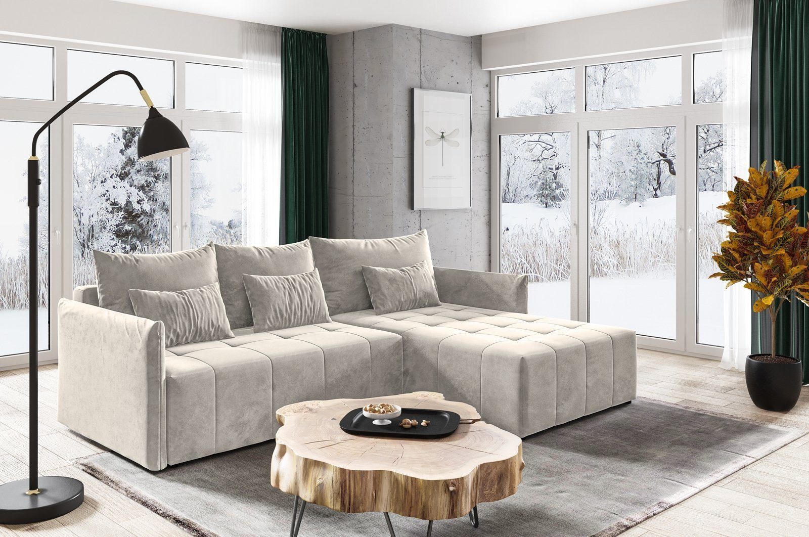 Beautysofa Ecksofa mit Schlaffunktion Ben L, Bettkasten, universelle Ottomane, mit dekorativen Kissen