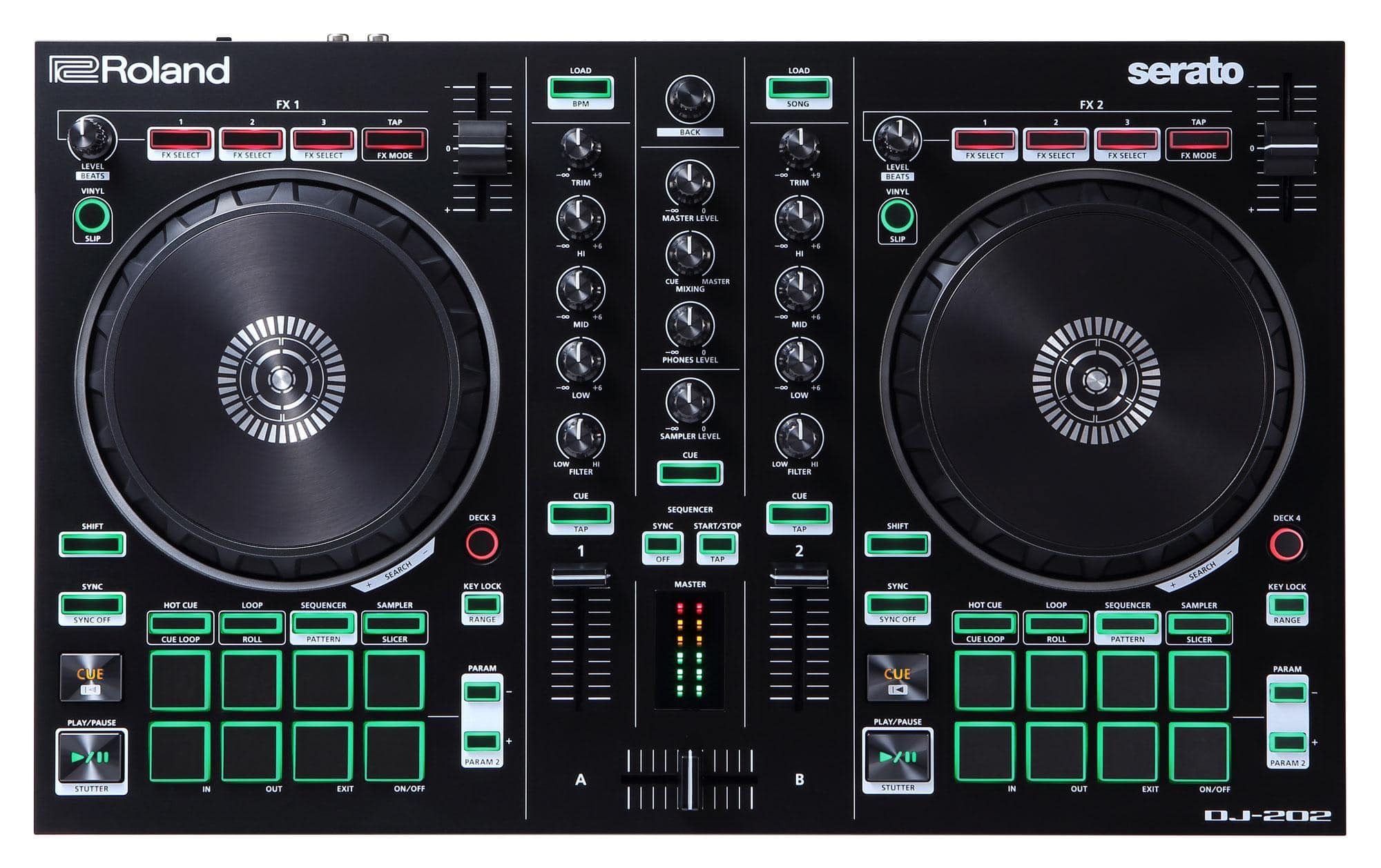 Roland DJ Controller DJ-202 - 2-Kanal-Controller für Serato Intro mit vier Decks, große Plattenteller mit minimaler Latenz, ideal zum Scratchen
