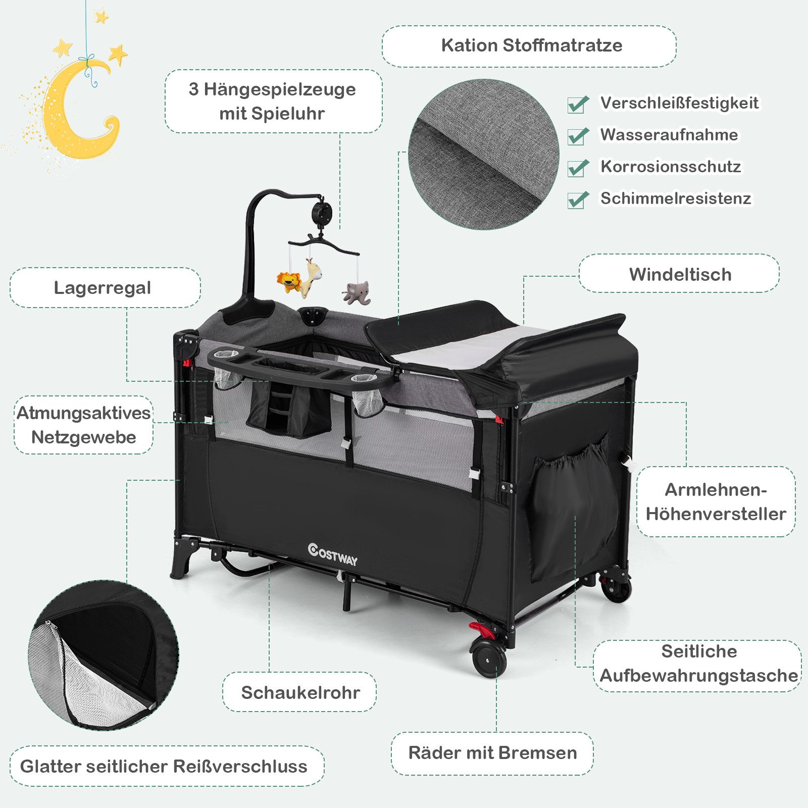 COSTWAY Baby-Reisebett 5 in1 Beistellbett, mit Matratze, höhenverstellbar