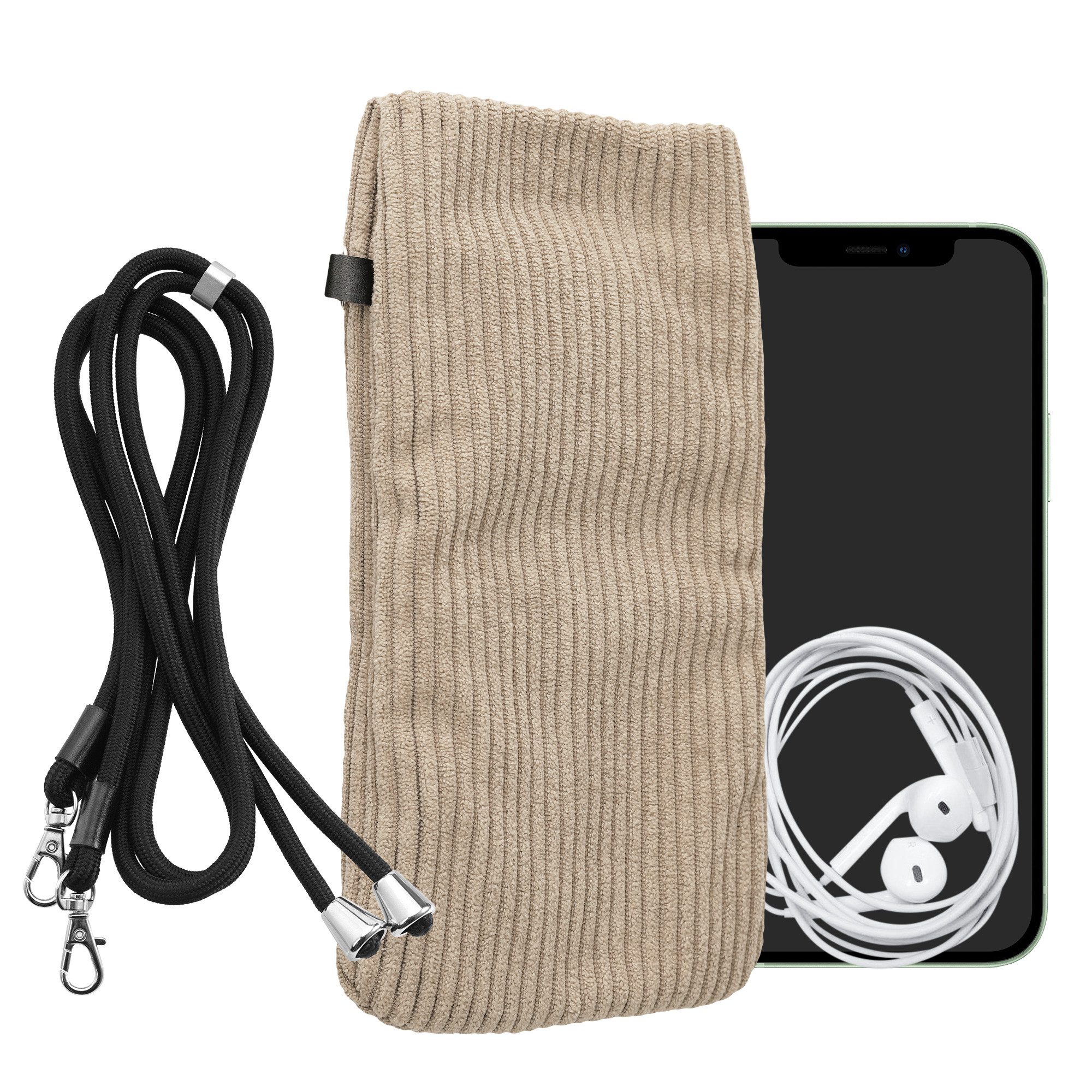 kwmobile Handyhülle Handytasche für Smartphones XXL - 7" Handy Tasche, Cord Handy Hülle Creme mit Kordel - Handy Tasche