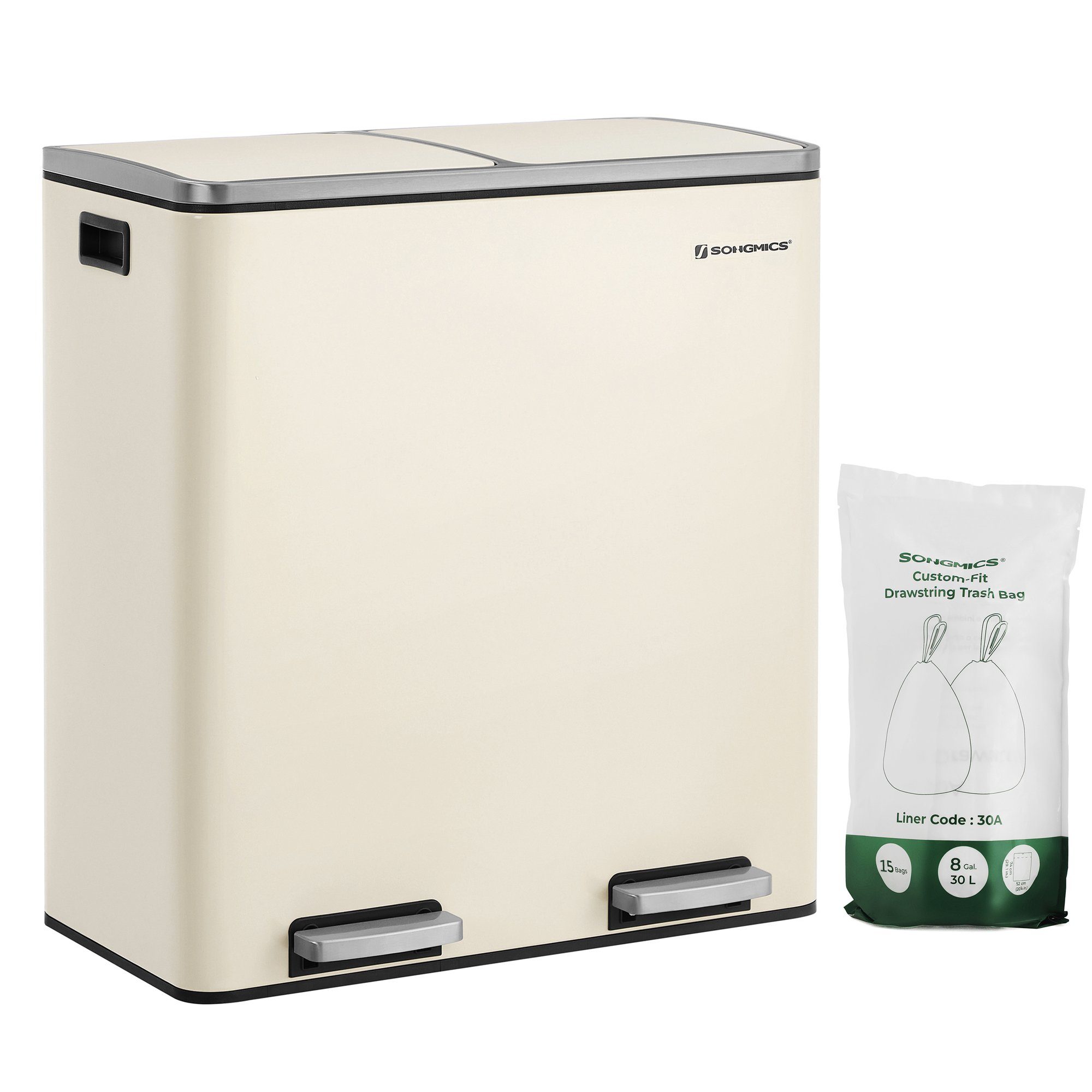 SONGMICS Mülleimer, Mülltrennsystem, mit 2 Fächern, 2 x 30 L, Küche