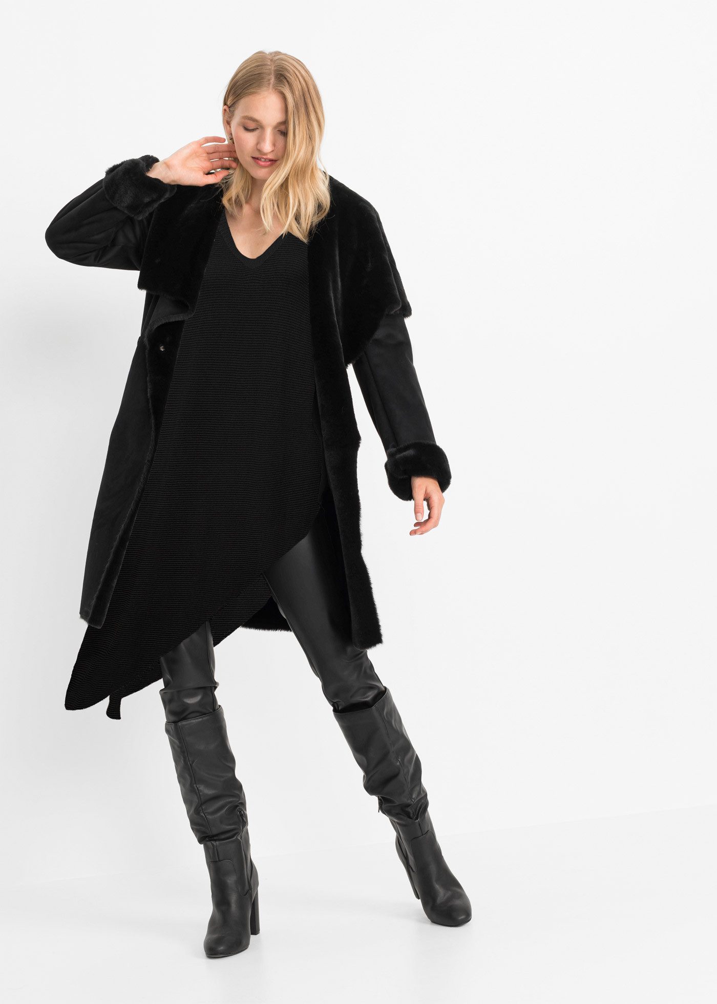 bonprix Longpullover Oversize Passform, asymmetrischer Saum, V-Ausschnitt