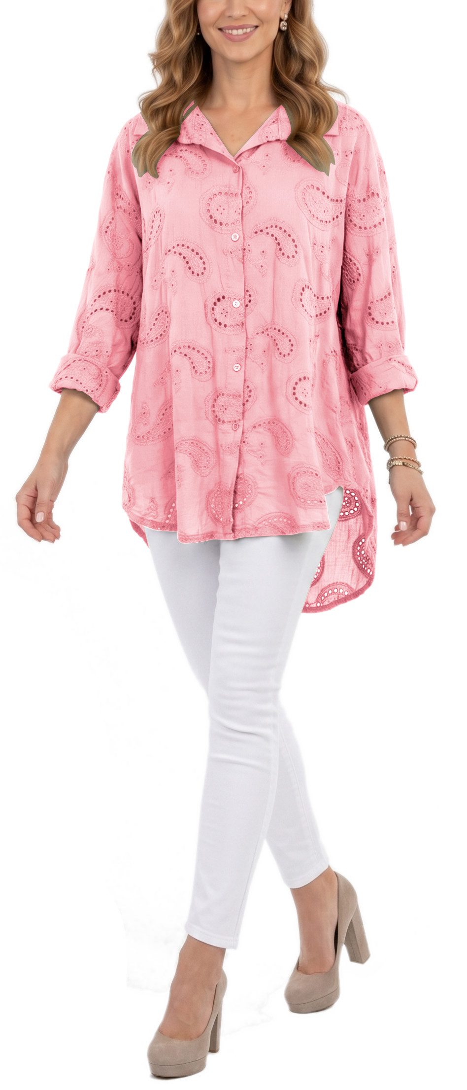 dy_mode Longbluse Damen Longbluse Oversize Tunika Boho Baumwollbluse Sommerbluse in Unifarbe, mit Paisley Lochstickerei, in Vokuhila-Schnitt