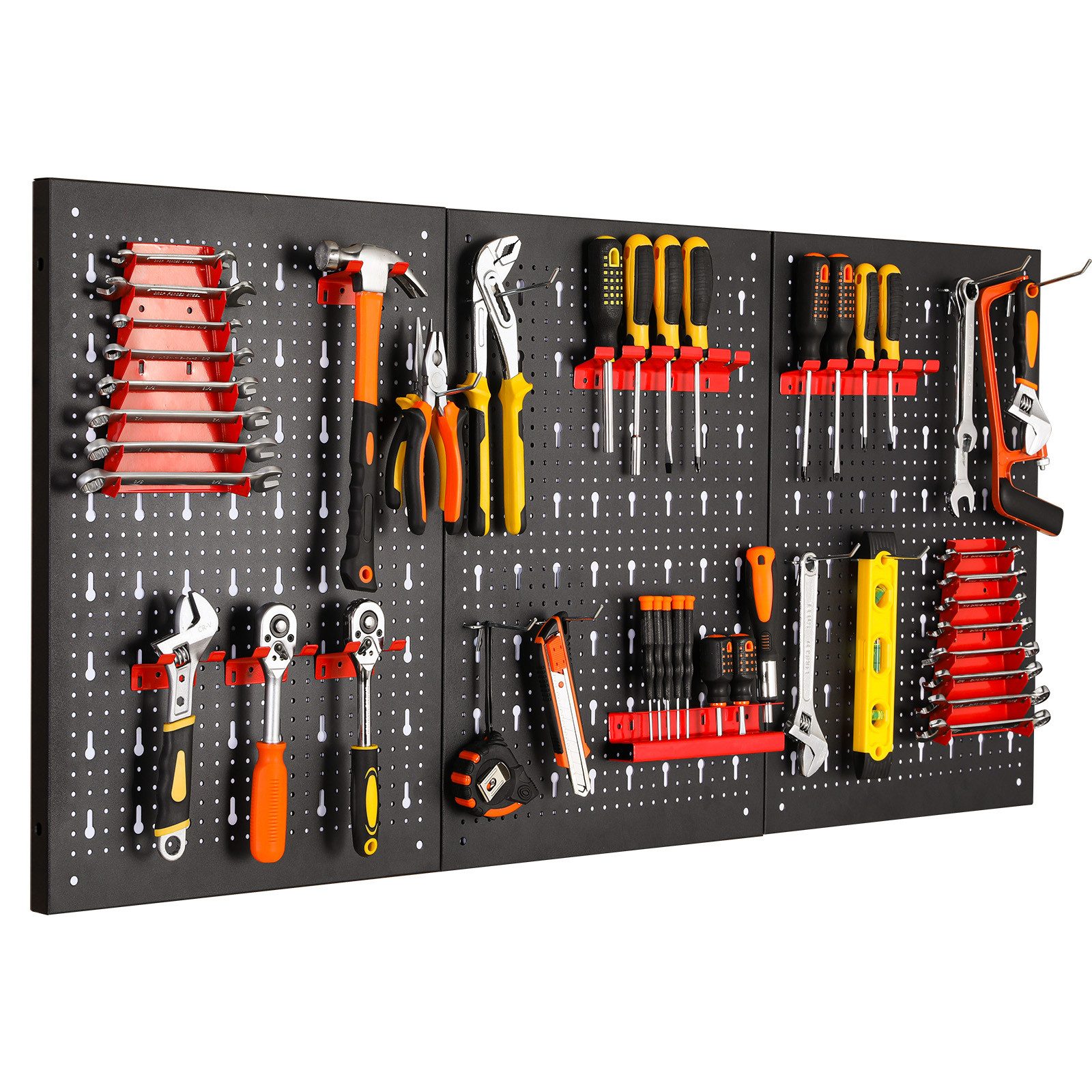 TLGREEN Lochwand Werkzeugwand aus Metall, Dreiteilige Lochwand Werkstatt, 3 Stk., (Erweiterbar Werkzeuglochwand mit 17tlg Haken und Halterungen, Werkzeug Wand für Werkstätten), 117 x 55 x 2 cm