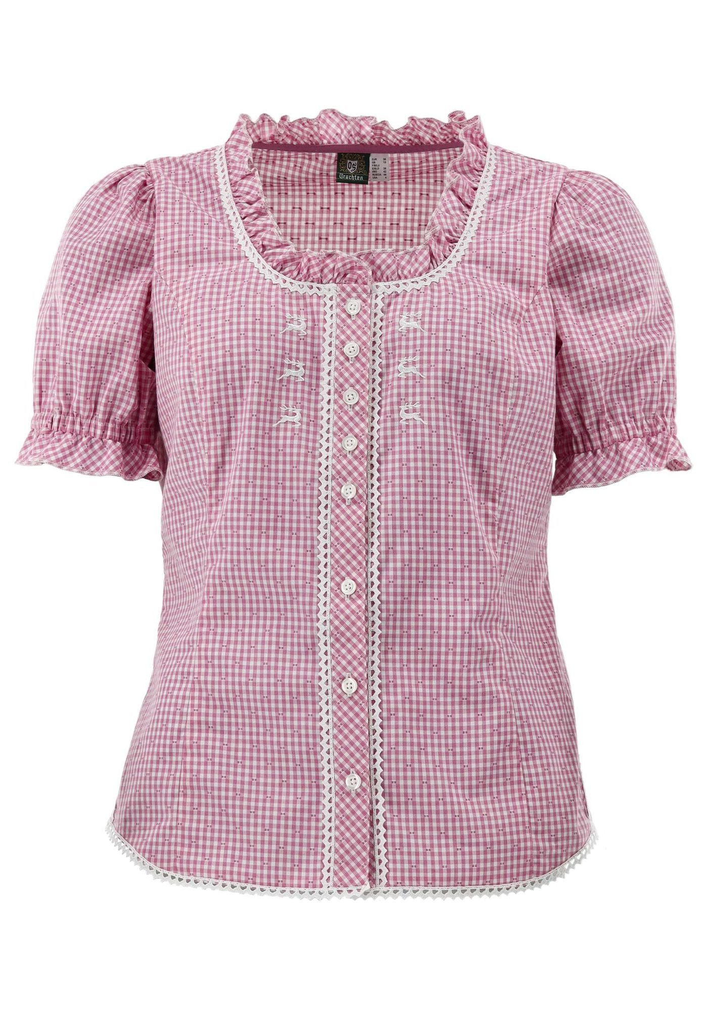 OS Trachten Trachtenbluse Plare Tailliert, Rundhalsausschnitt, Hirsch-Stick günstig online kaufen