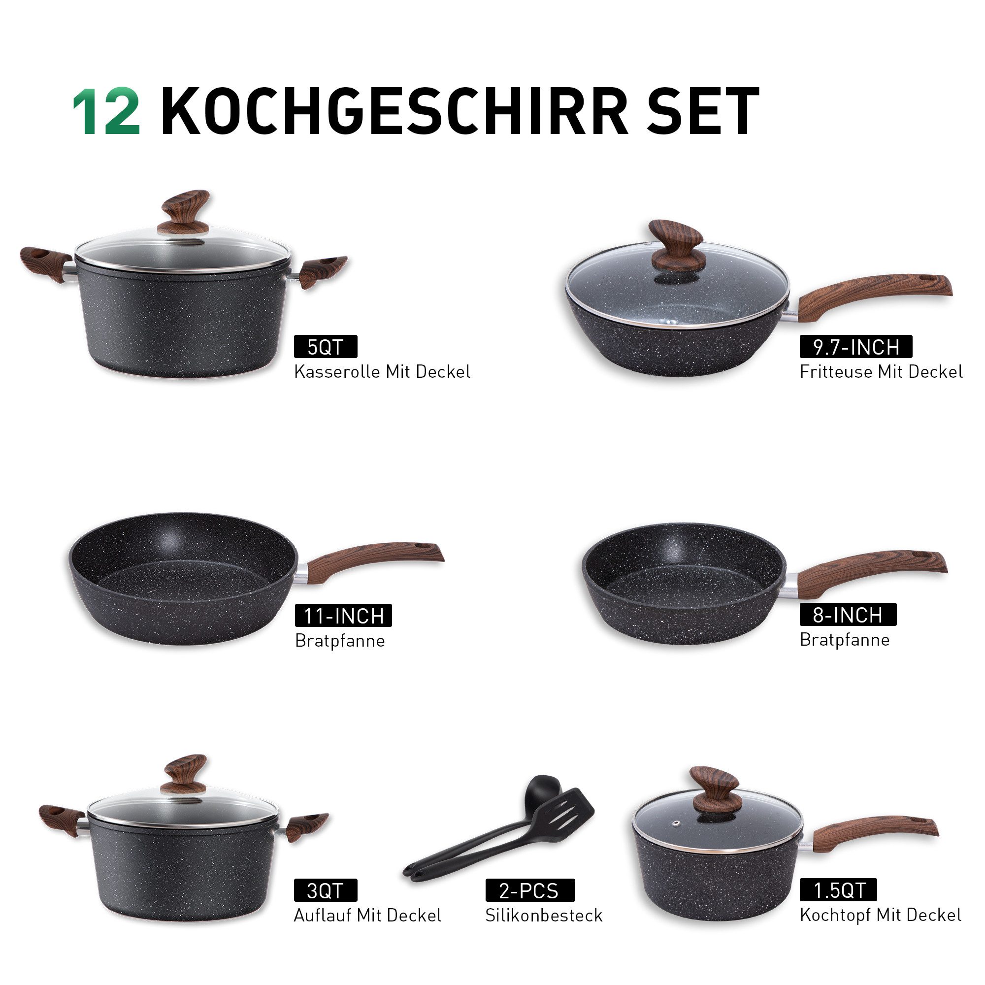 Kitchen Academy Topf-Set, Aluminium, Granit (12-tlg, Pfanne 20cm/28cm, Bratpfanne mit Deckel 24cm, Stielkasserolle mit Deckel 17cm/20cm/24cm, 2 Silikonspatel), Induktion Töpfe Set 12-teilige Granit Kochtöpfe Set
