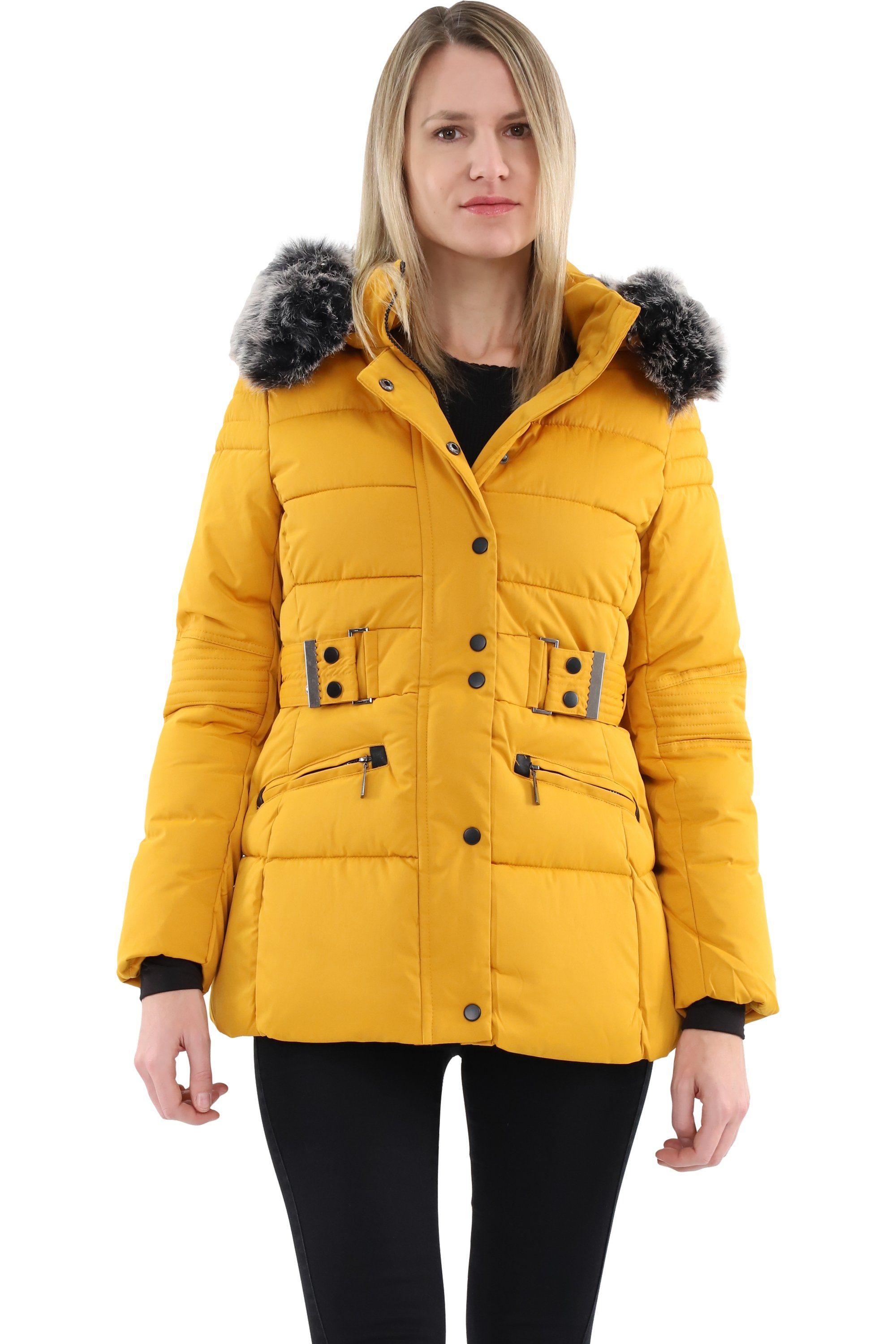 malito more than fashion Steppjacke malito Damen Steppmantel, taillierte Winterjacke, Jacke mit Kapuze figurbetonte gefütterte Winterjacke mit Kunstfell Kapuze