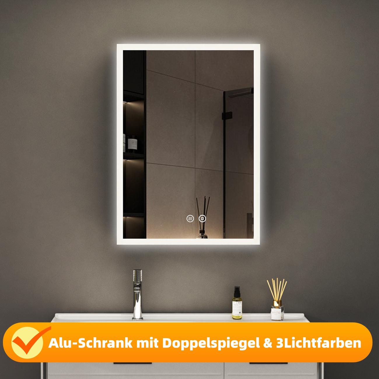 WDWRITTI Spiegelschrank Schwarz mit beleuchtung Hängeschrank 3Lichtfarben Dimmbar Anti-fog (Badezimmerspiegelschrank mit LED, Speicherfunktion, 1 türen 50x70cm, 40x60cm, Doppelseitiger Spiegel, Alu-Schranktür) Full Surround Light Strip, mit Netzadapter