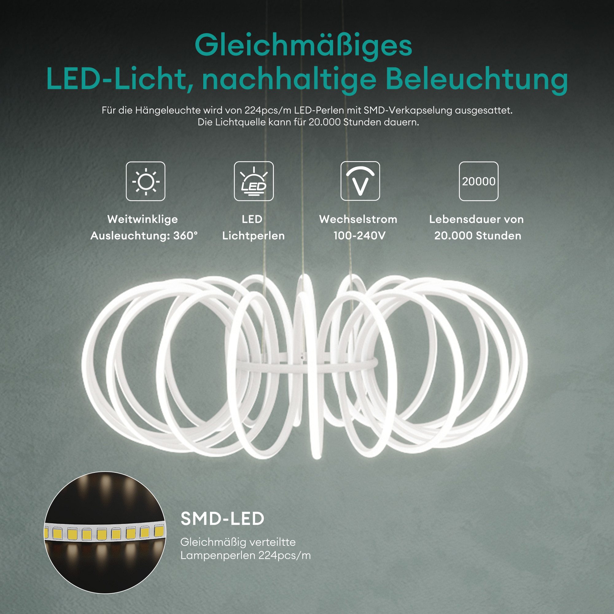 Mai & Mai Pendelleuchte Pendellampe LED-Hängelampe mit Fernbedienung & Wandschalter Nuvora05, LED-Pendelleuchte – Bild 5 von 5