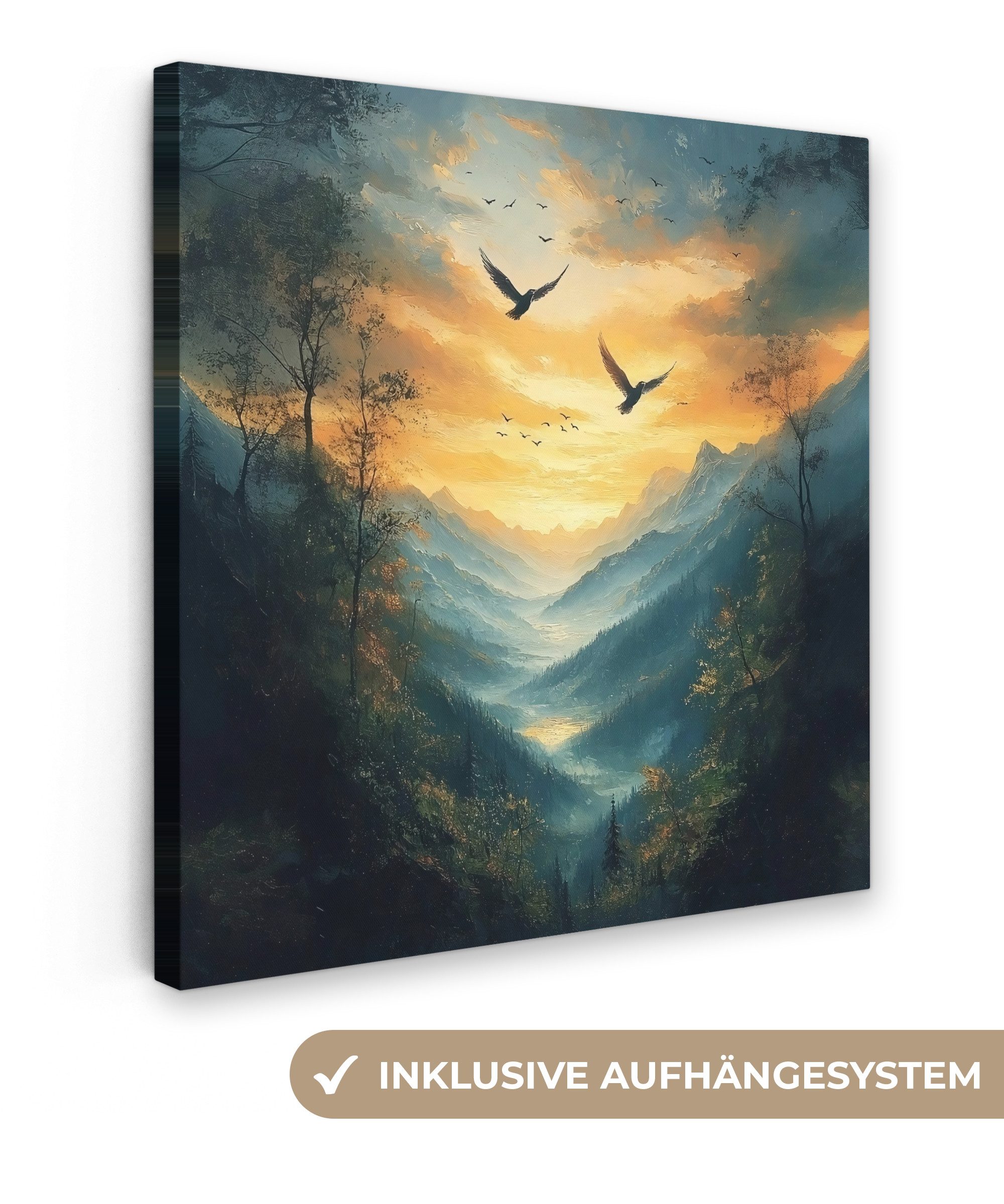 OneMillionCanvasses® Leinwandbild Vögel - Sonne - Bäume - Grün, Fotodruck (1 St), Wandbild, Deko Schlafzimmer Wohnzimmer Flur 20x20 cm
