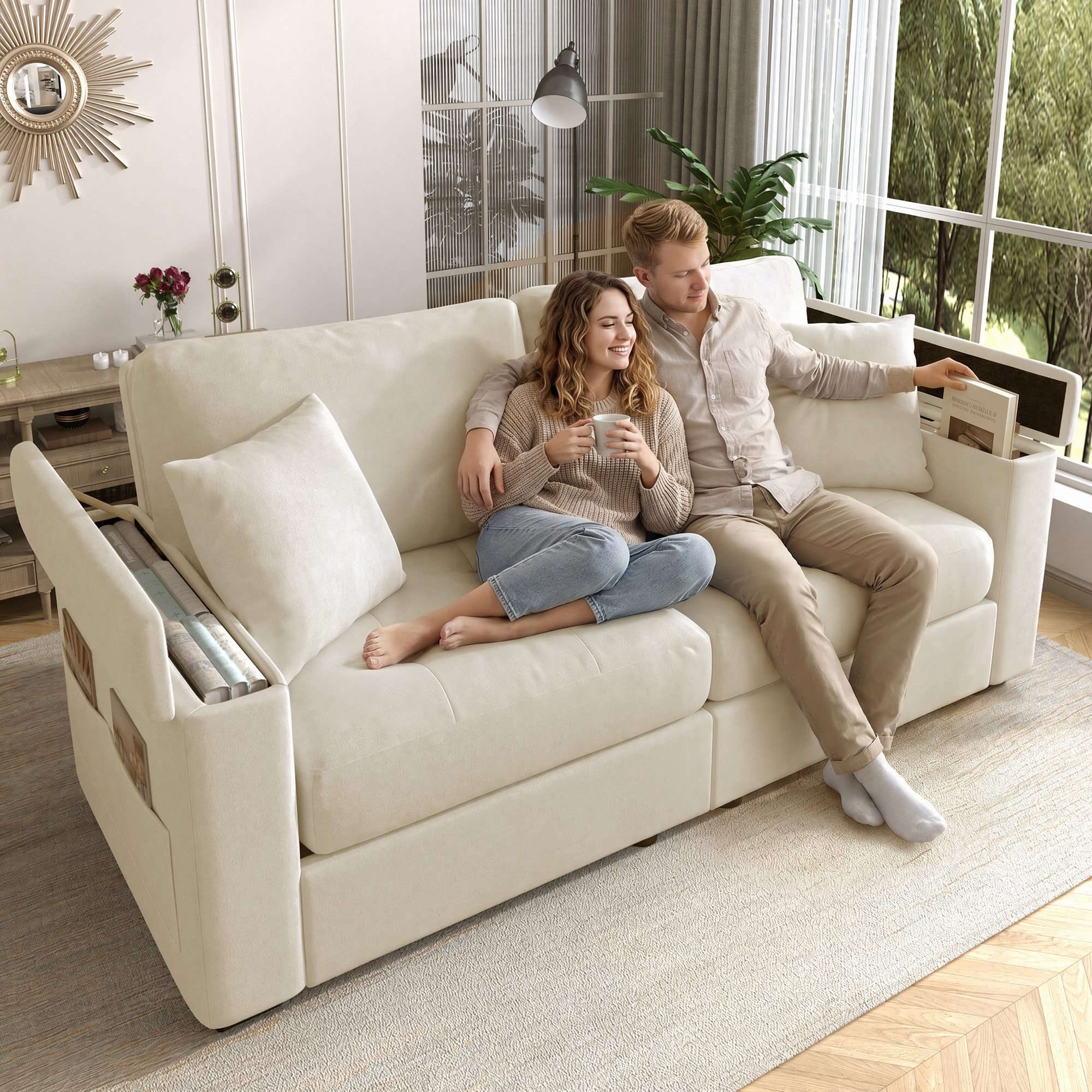 Merax 2-Sitzer mit Armlehnen-Stauraum und Seitentaschen, modernes Sofa aus Chenille, 180×81,5×84cm 1 Teile, Couch mit hochdichter Schaumstoff, 2 Kissen & Massiv – Bild 4 von 5