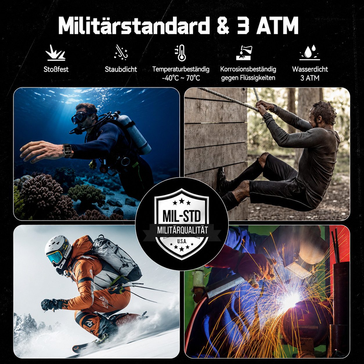 Toomoke Herren Militär Smartwatch mit Telefonfunktion, Smartwatch (4,98 cm/1,96 Zoll) Outdoor Fitnessuhr mit LED-Taschenlampe, 100 Tage Standby, 3ATM wasserdicht, Bluetooth Smartwatch mit Herzfrequenz, Schlaf- & SpO2-Monitor, Sportuhr für Android & iPhone