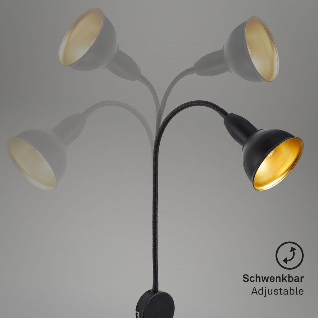Briloner Leuchten Wandleuchte 2084-015, ohne Leuchtmittel, 2700K - Extra-Warmweiß, schwarz-gold, flexibler Arm, inkl. An/Aus Schalter, exkl. E14 max. 25W