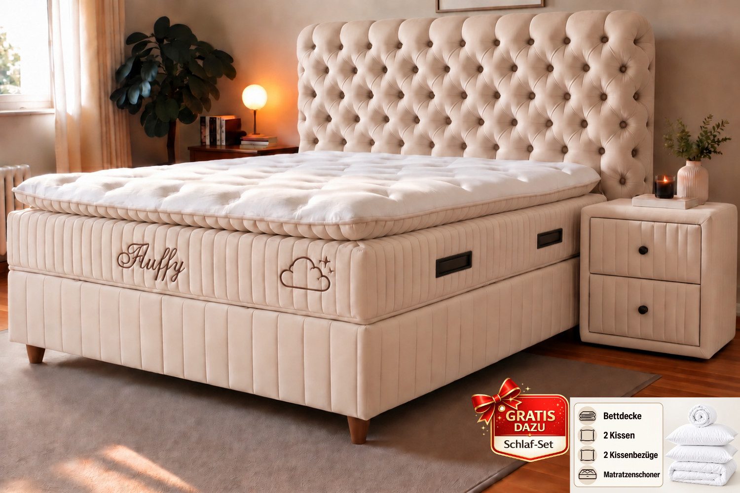 Pointhome Boxspringbett Set, Bss Bedding, Fluffy, Bett-Set ohne oder mit Nachttischen (Stauraum & Taschenfederkernmatratze, 1x H3 Matratze, 2x Bettkasten, 1x Bettkopfteil, 2 optionale Nachttisch), 7 Zonen Allergenfrei & Atmungsaktiv, Ergonomische Matratze mit Topper
