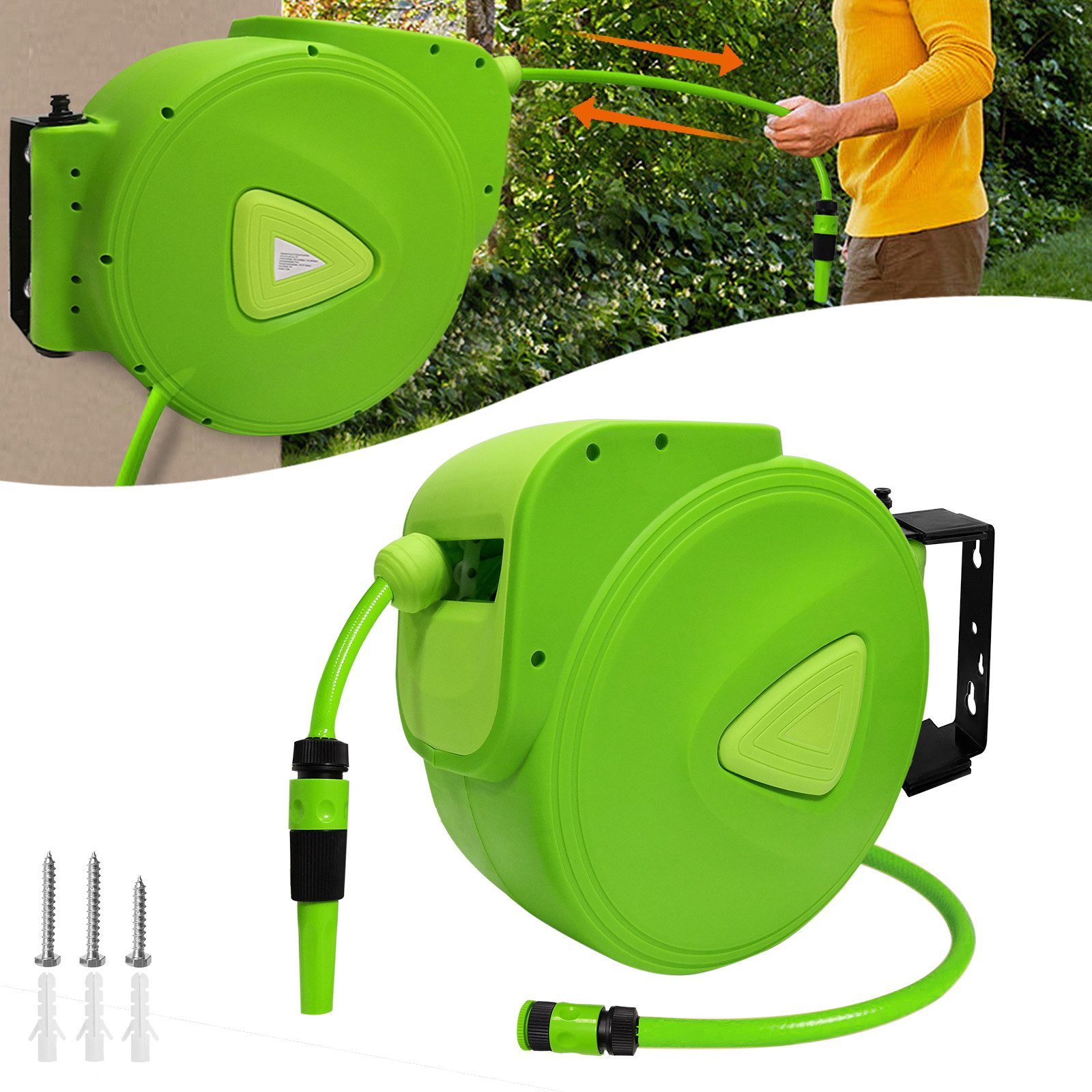 FIVMEN Schlauchtrommel Druckluftschlauch-Aufroller 20m+ 2m mit Handbrause und Gartenschlauch, 3/4" Anschluss, 180°schwenkbar für Garten, Bewässerung, Autowäsche