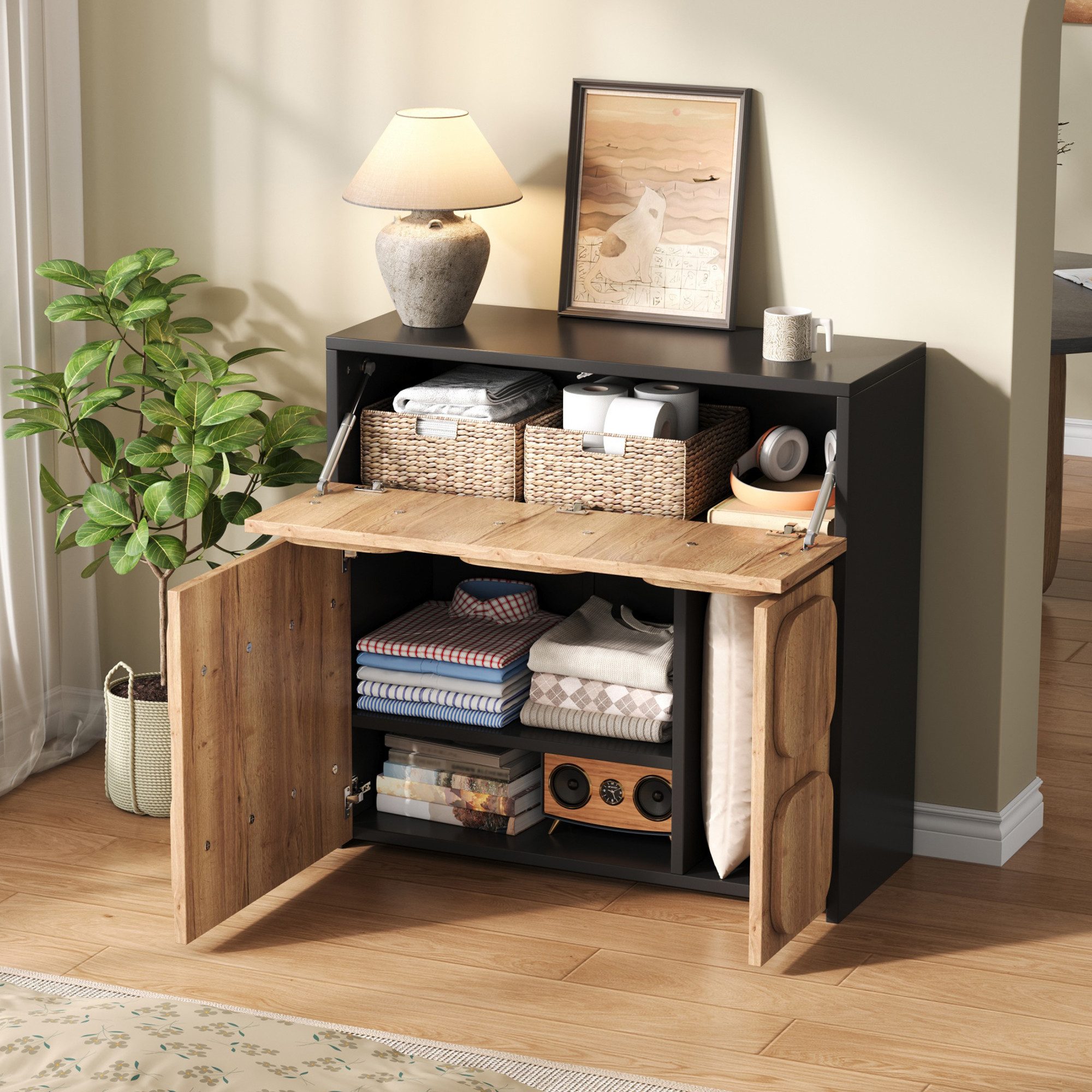 MODFU Kommode Vintage-Stil mit schwarzen Seiten (Küchenschrank Anrichte, 5 Fächern und viel Stauraum, 79.6 x 34.8 x 81.5cm)