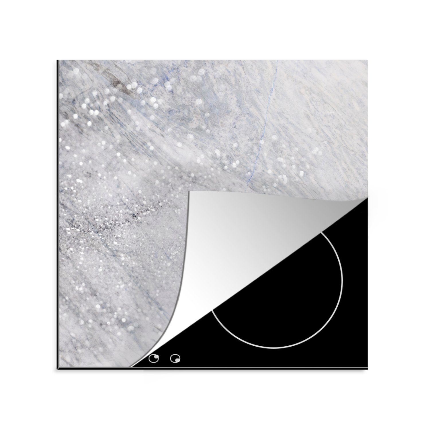 Marmor - cm, Vinyl, (1 78x78 küche Glitter Herdblende-/Abdeckplatte - Silber, für Arbeitsplatte MuchoWow tlg), Ceranfeldabdeckung,