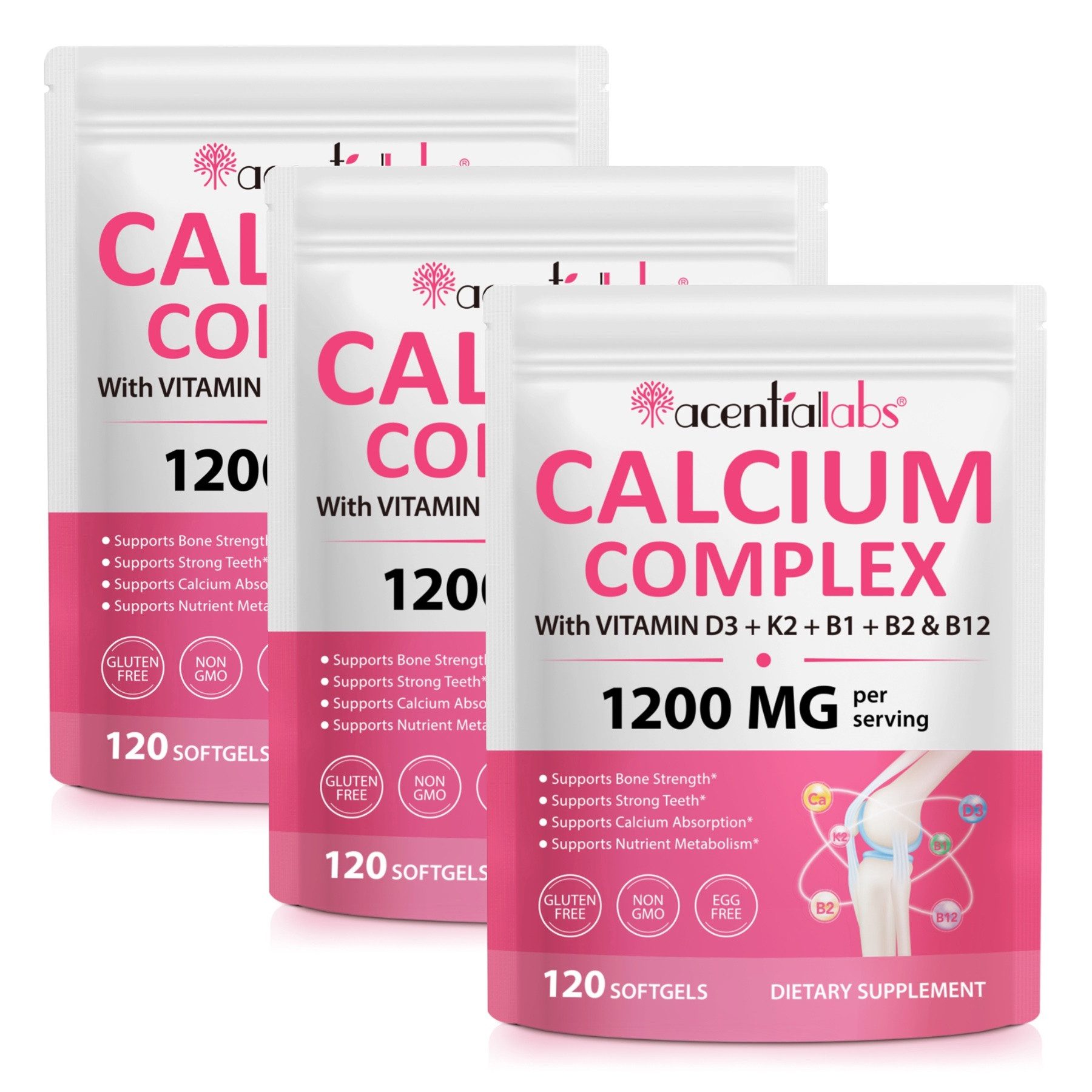 Acentiallabs Calcium Komplex 1200mg Vitamin D3 K2 B1 B2 B12 Knochen Zähne Softgels, Allgemeines Wohlbefinden, Bodybuilding, Fitness