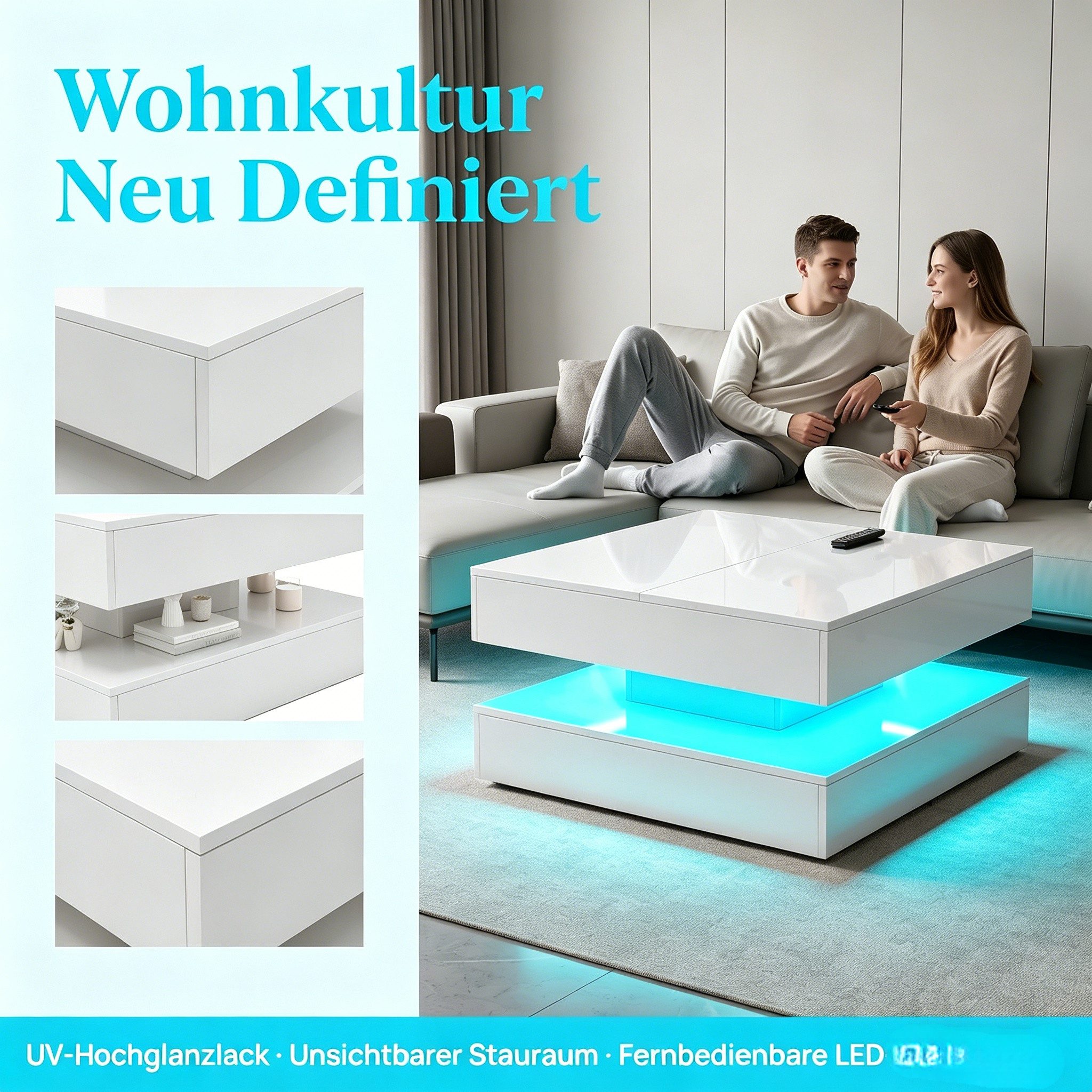 PXloue Couchtisch LED-Couchtisch mit Stauraum und modernem Design (Hochglänzender), Praktischer Tisch mit Schubladen und integrierter Beleuchtung – Bild 2 von 5