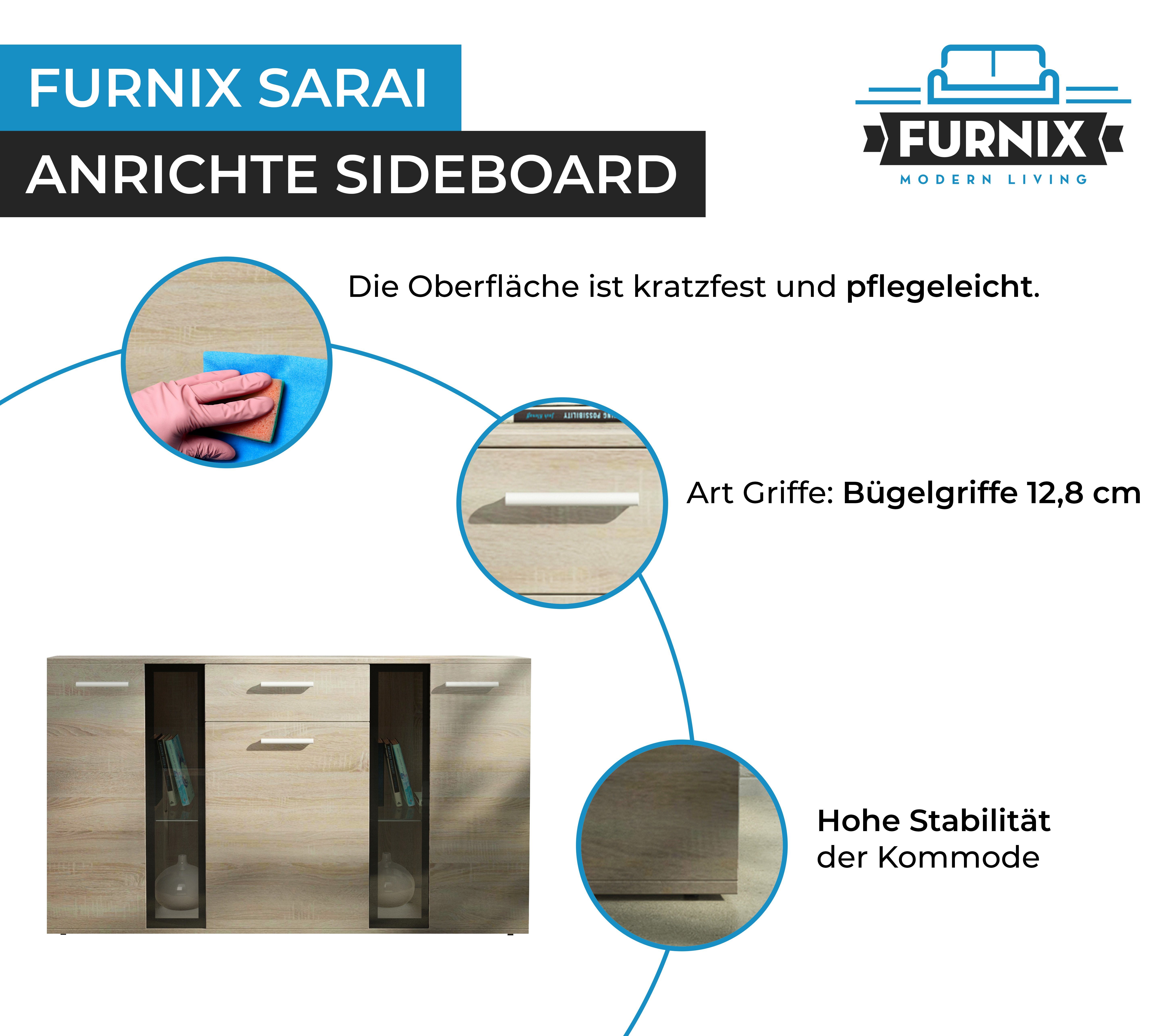 Schublade, Türen, Glastüren, H80 Anrichte Furnix mit x 1 B140,4 cm T40,2 Sideboard 3 x Eiche Sonoma SARAI
