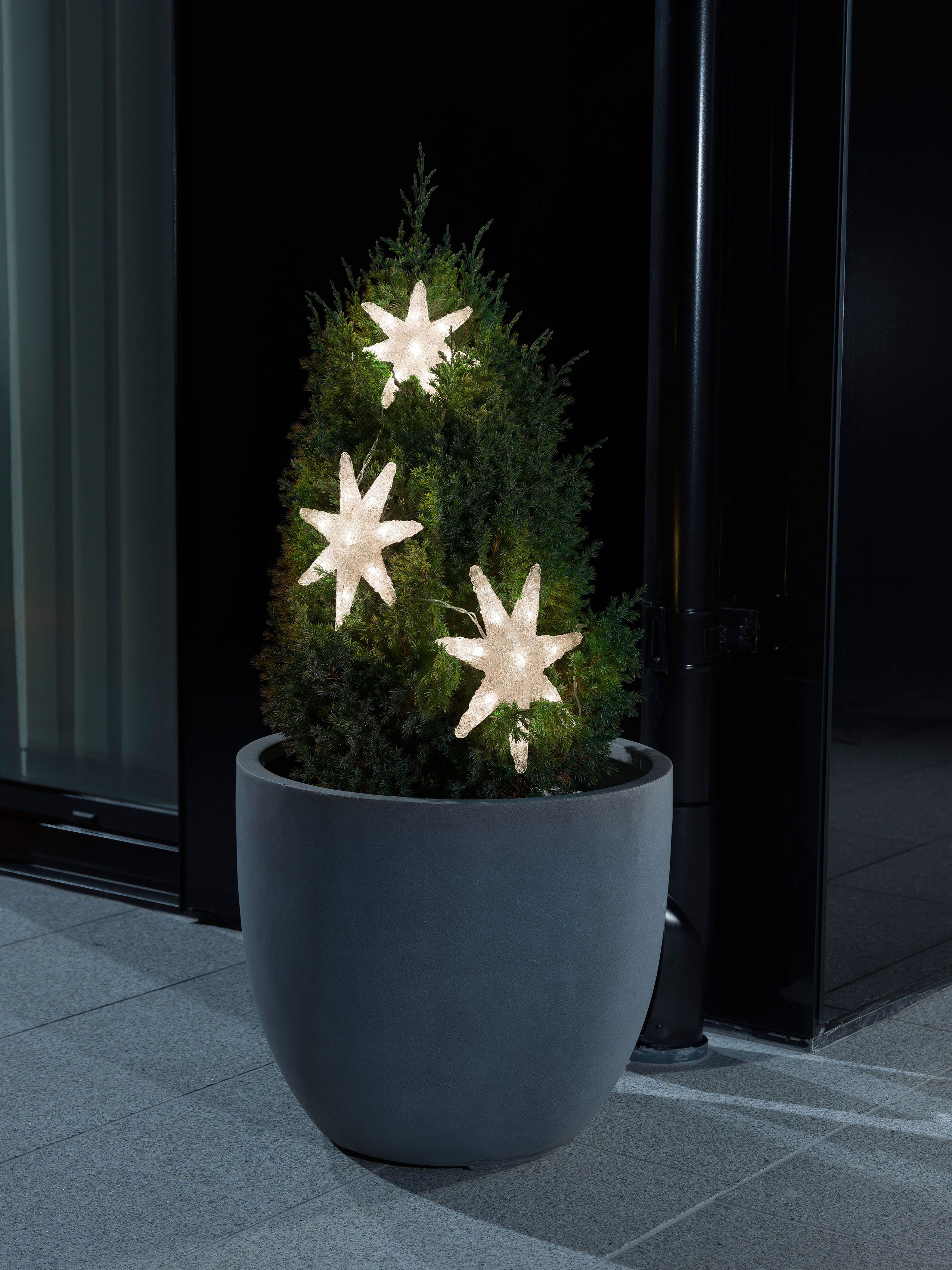 KONSTSMIDE LED-Lichtervorhang Weihnachtsdeko aussen, 24-flammig, LED Lichtervorhang, 3 Acryl Sterne, 24 warm weiße Dioden