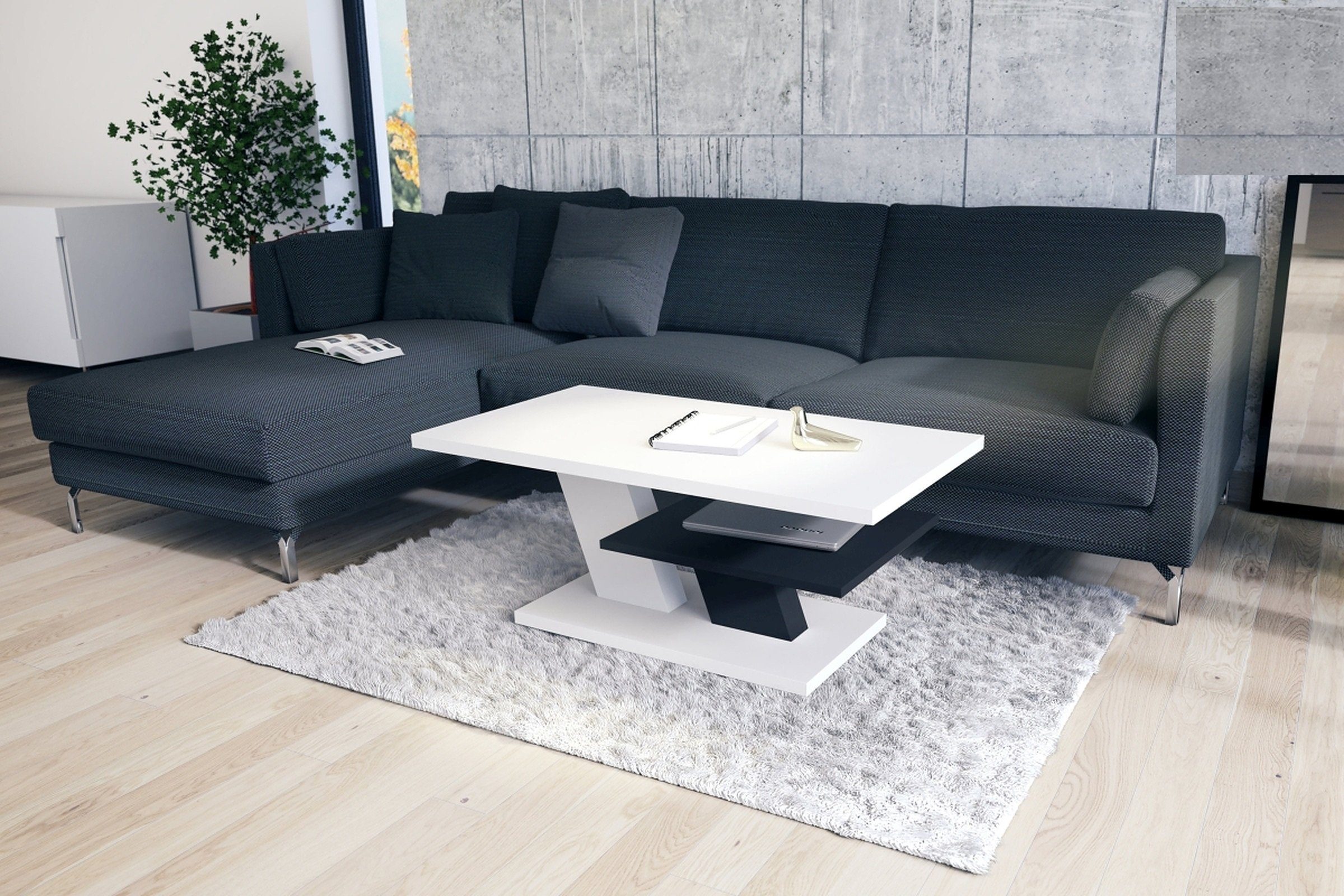 Mazzoni Couchtisch Cliff Weiß matt / Schwarz matt Tisch Wohnzimmertisch 110x60x45cm