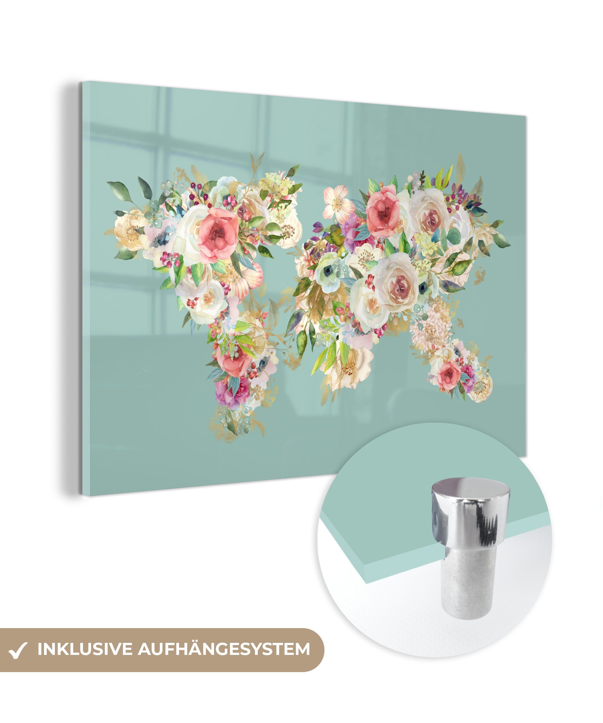 MuchoWow Acrylglasbild Karte - Welt - Blumen - Pflanzen, (1 St), Acrylglasbilder Wohnzimmer & Schlafzimmer