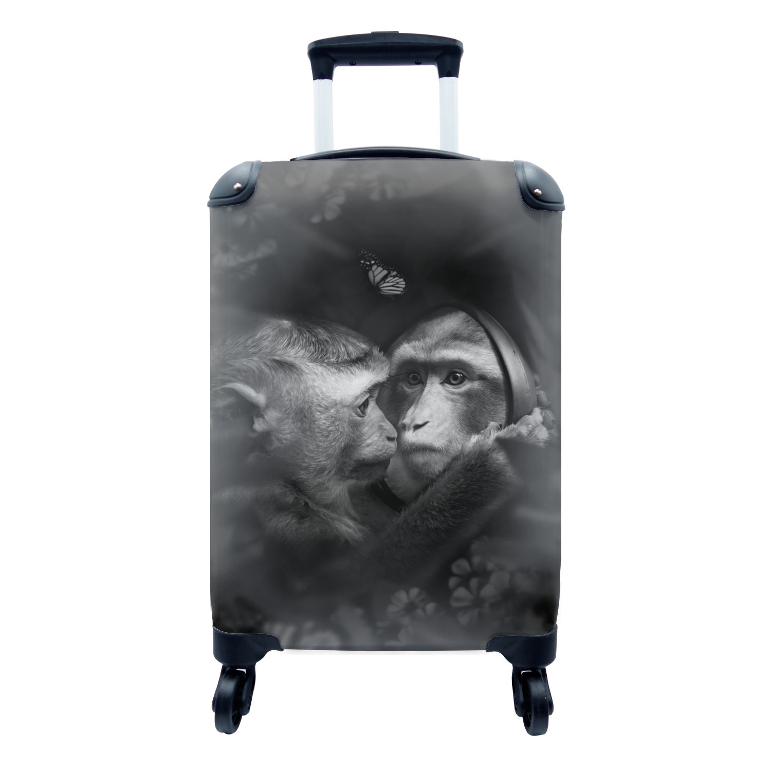MuchoWow Handgepäckkoffer Spiegelbild eines Affen im Dschungel - schwarz und weiß, 4 Rollen, Reisetasche mit rollen, Handgepäck für Ferien, Trolley, Reisekoffer